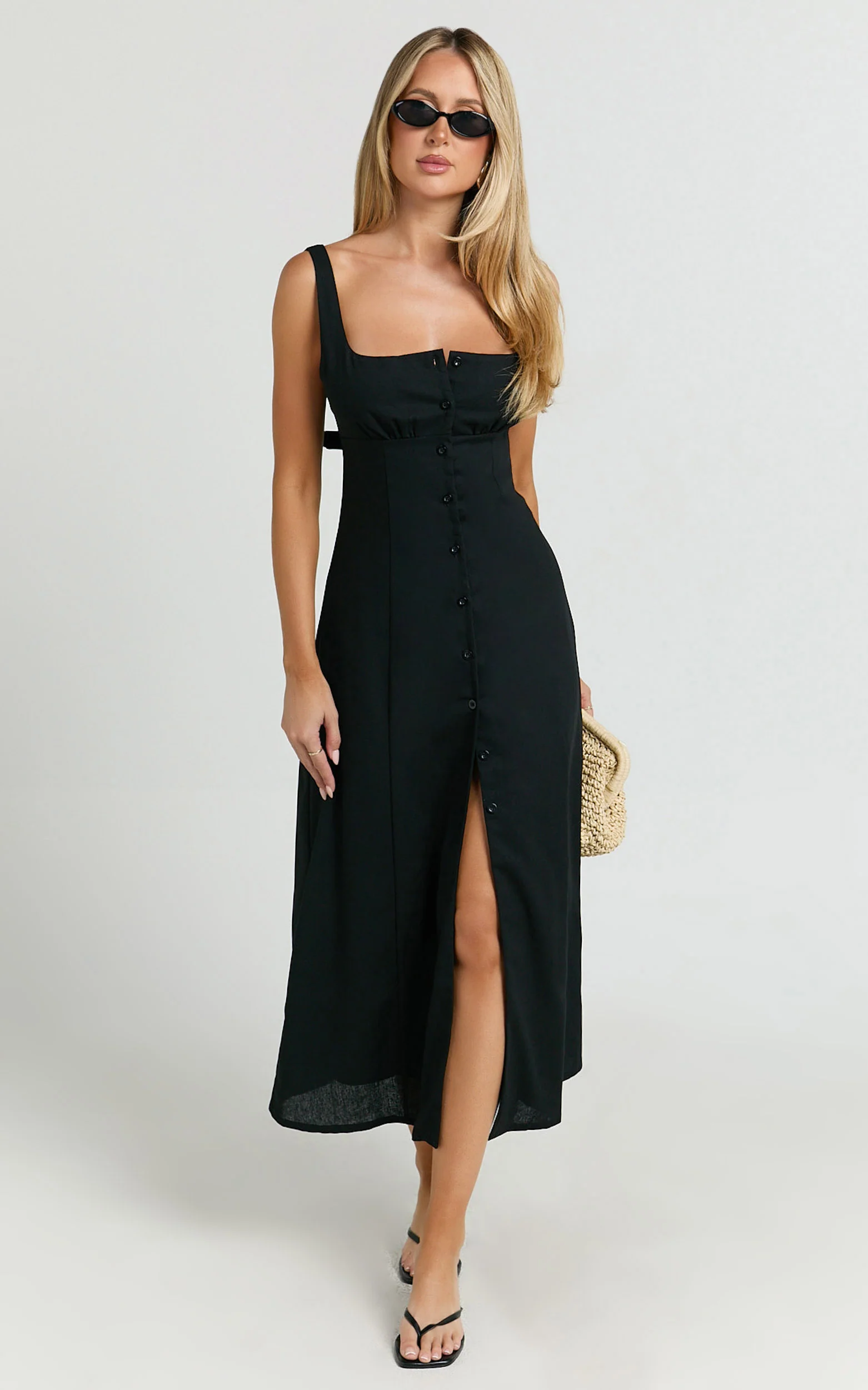 Cameron Midi Dress - Button Front Tie Back Dress in Black
