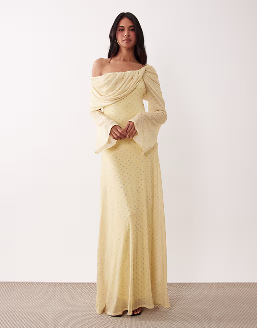 printed off the shoulder draped neck long sleeve maxi dress in lemon polka dot