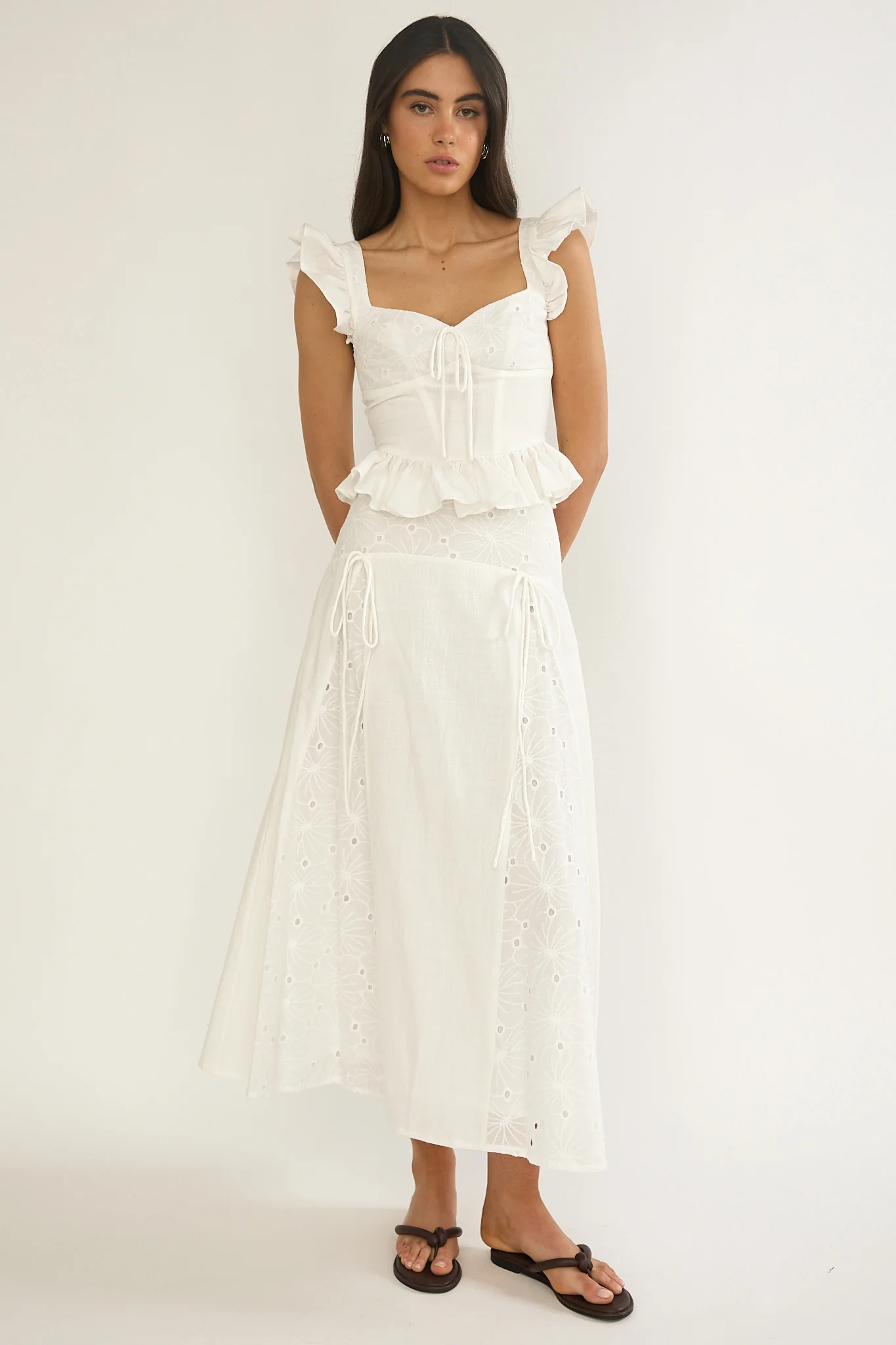 Danette String Tie Embroidery Maxi Skirt White