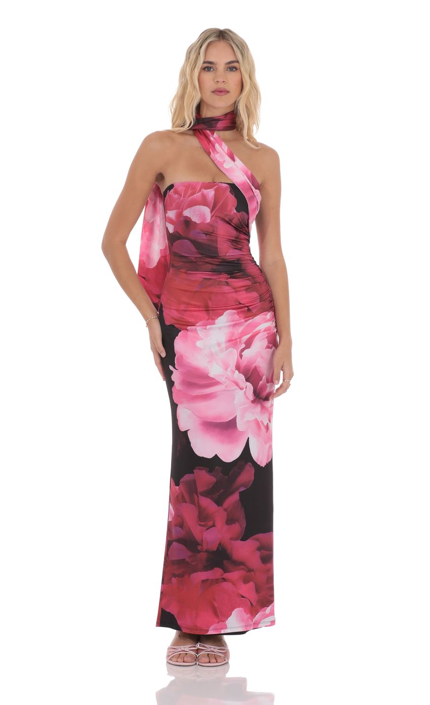 Floral Scarf Maxi Dress in Red and Black