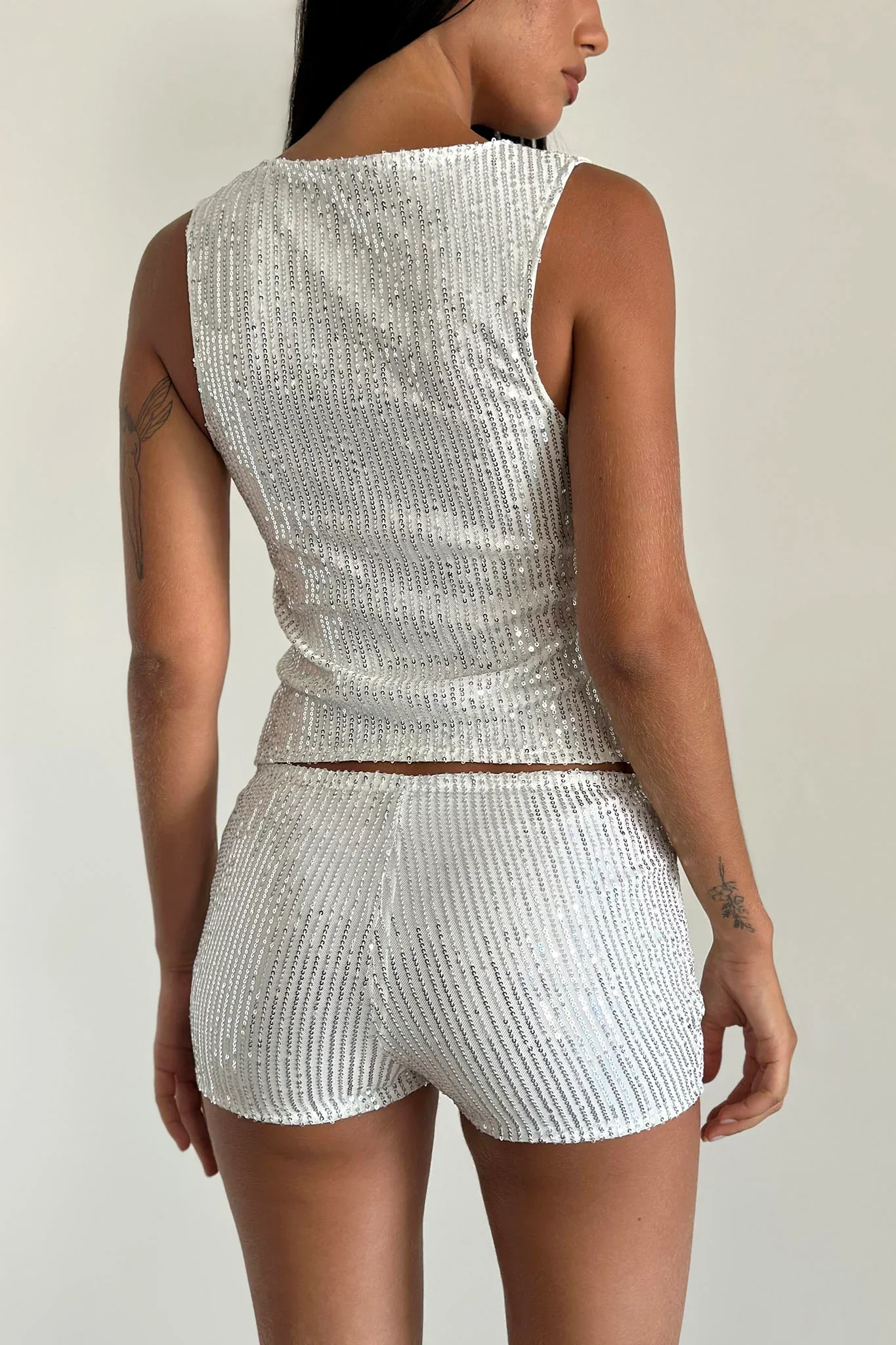 Erna Shorts Silver Chrome Sequin - FASHION NOB