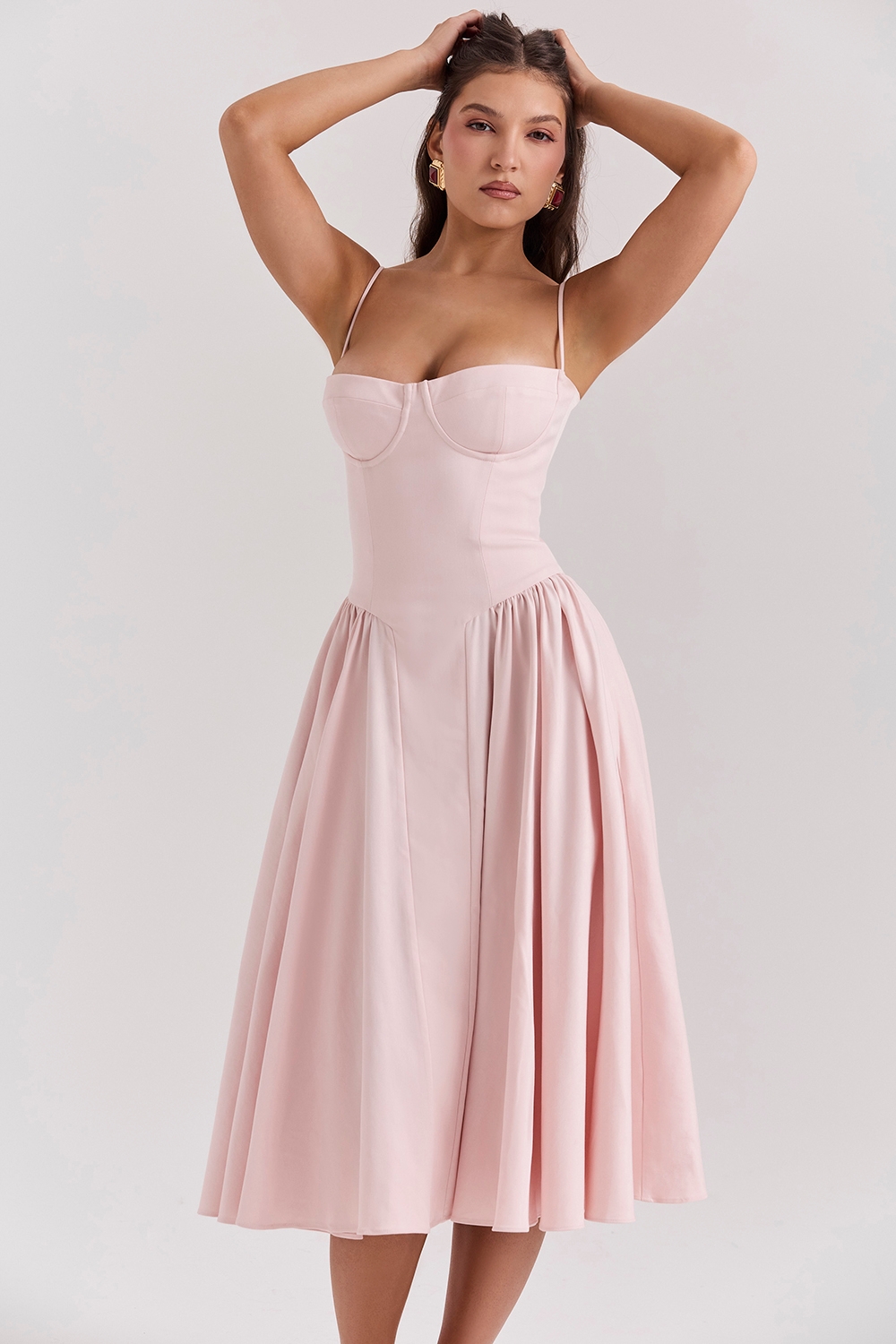 ballerina pink twill corset midi dress