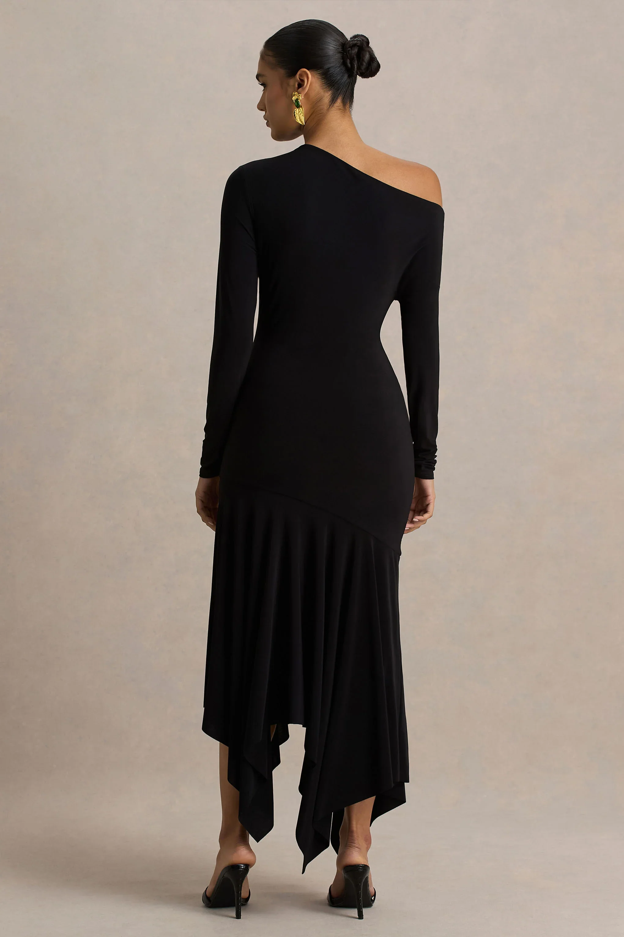 Isola | Black Asymmetric-Neck Midi Dress With Drop-Waist