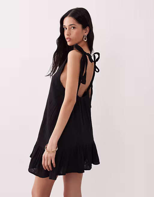 Esmée tie straps beach mini dress in black