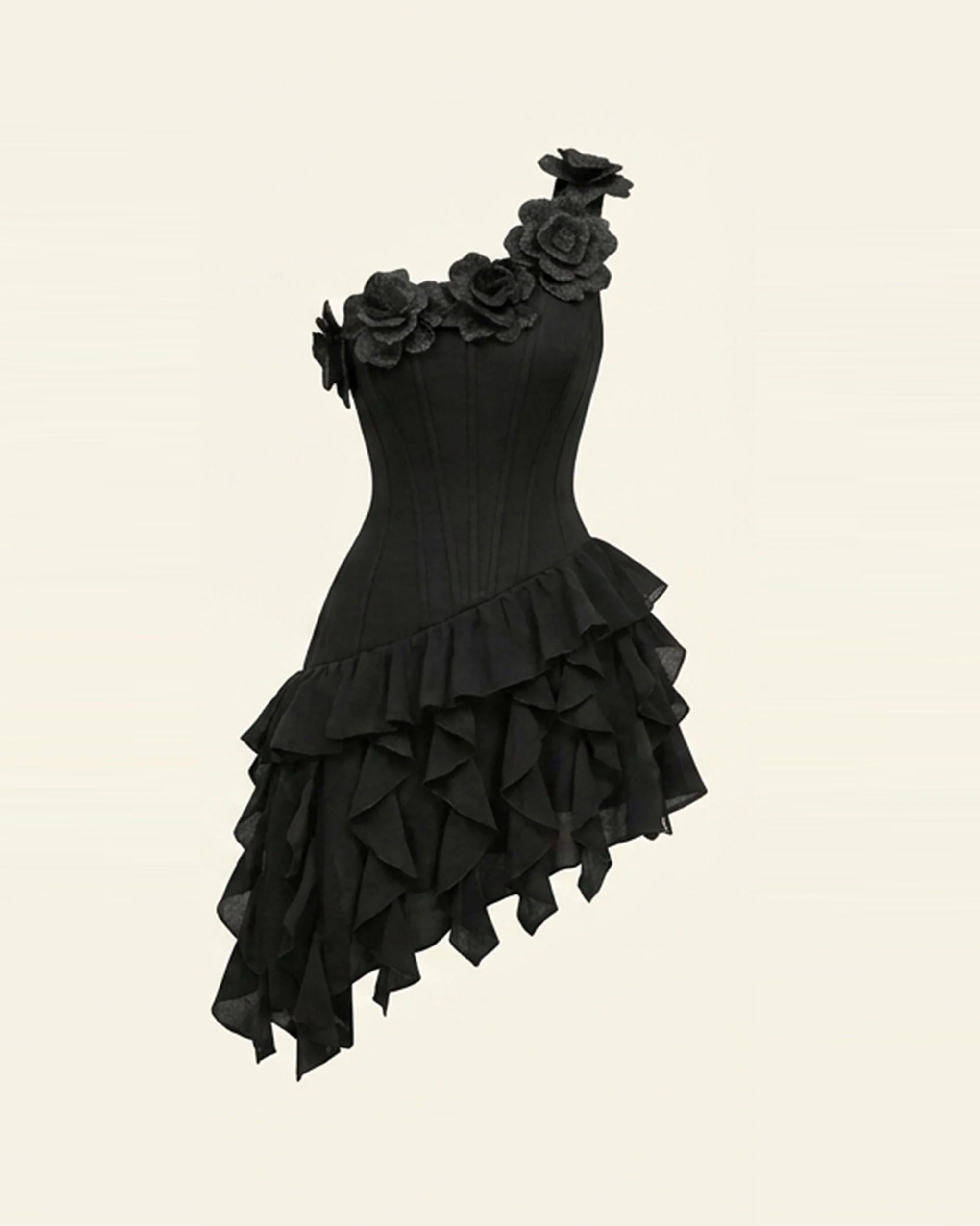 Flower Embroidered One-Shoulder Corset Mini Dress - Black - FASHION NOB