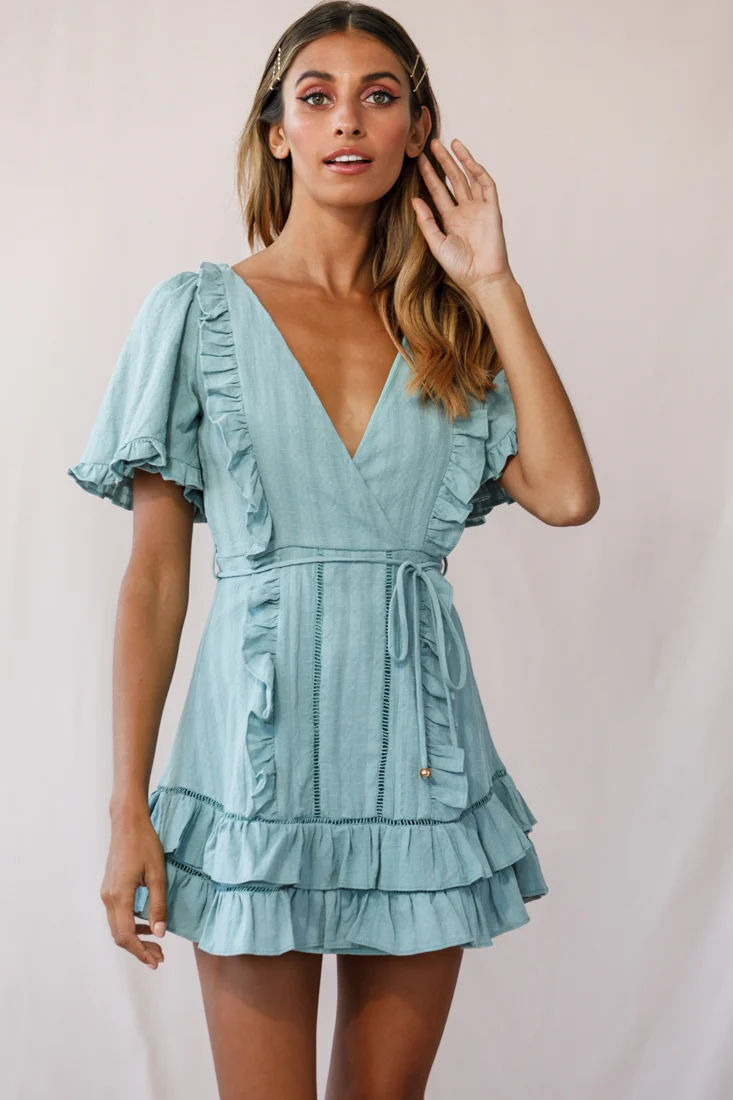 Marybelle Angel Sleeve A-Line Ruffle Dress Sage