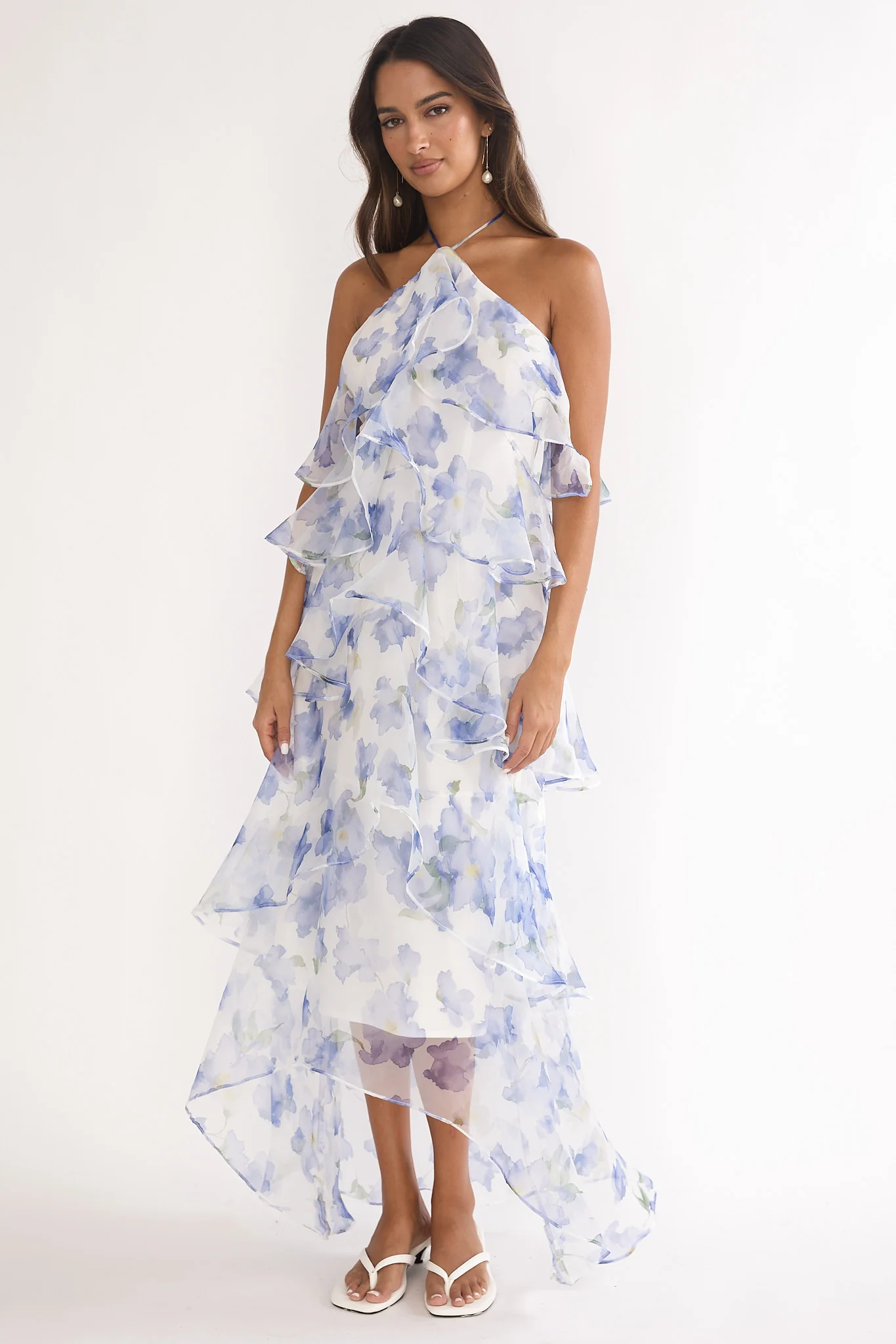 Darylyn Tiered Ruffle Maxi Dress Floral Blue - luluinthesky