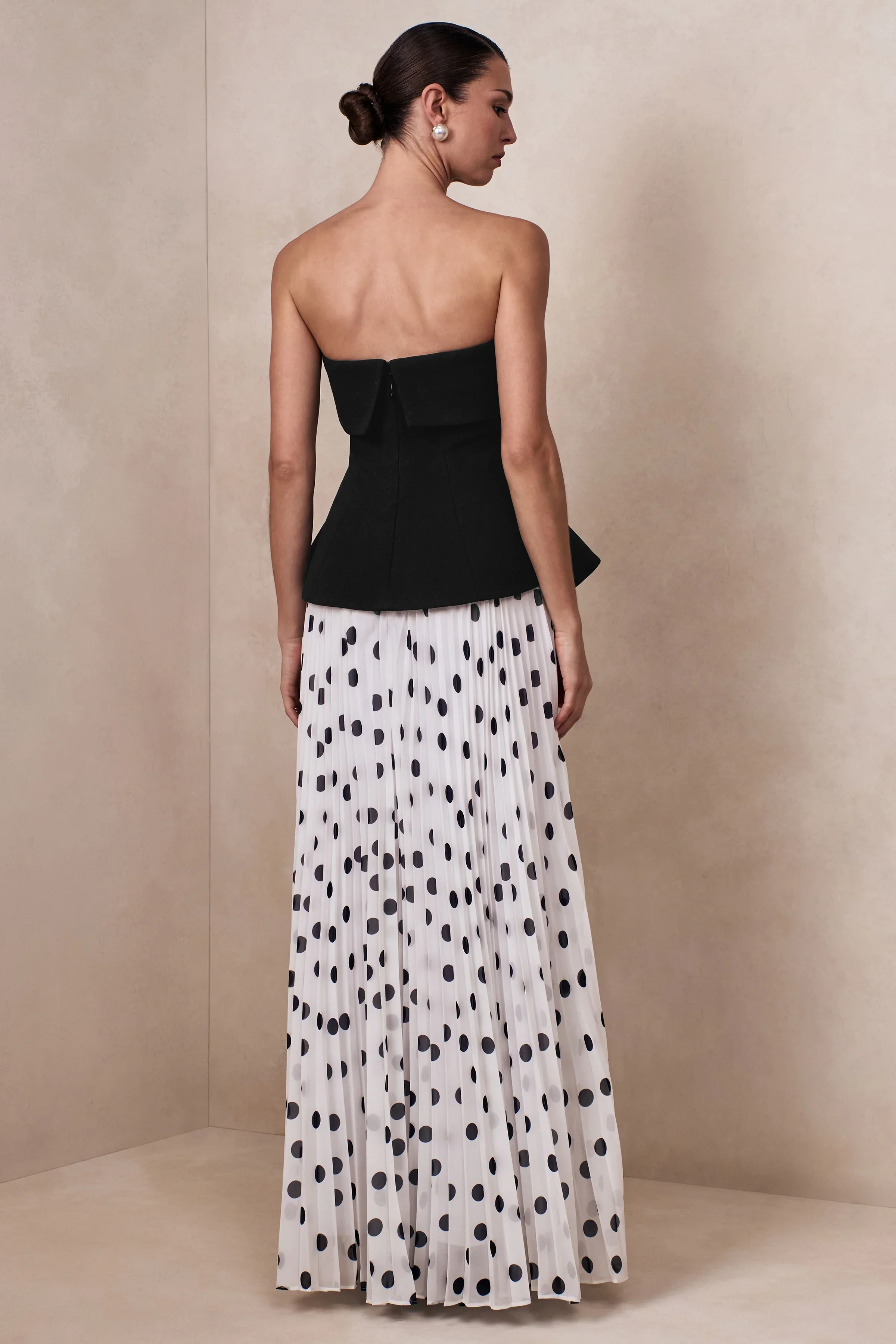 Stellara | Black & White Polka Dot Bandeau Corset Maxi Dress With Sheer Skirt