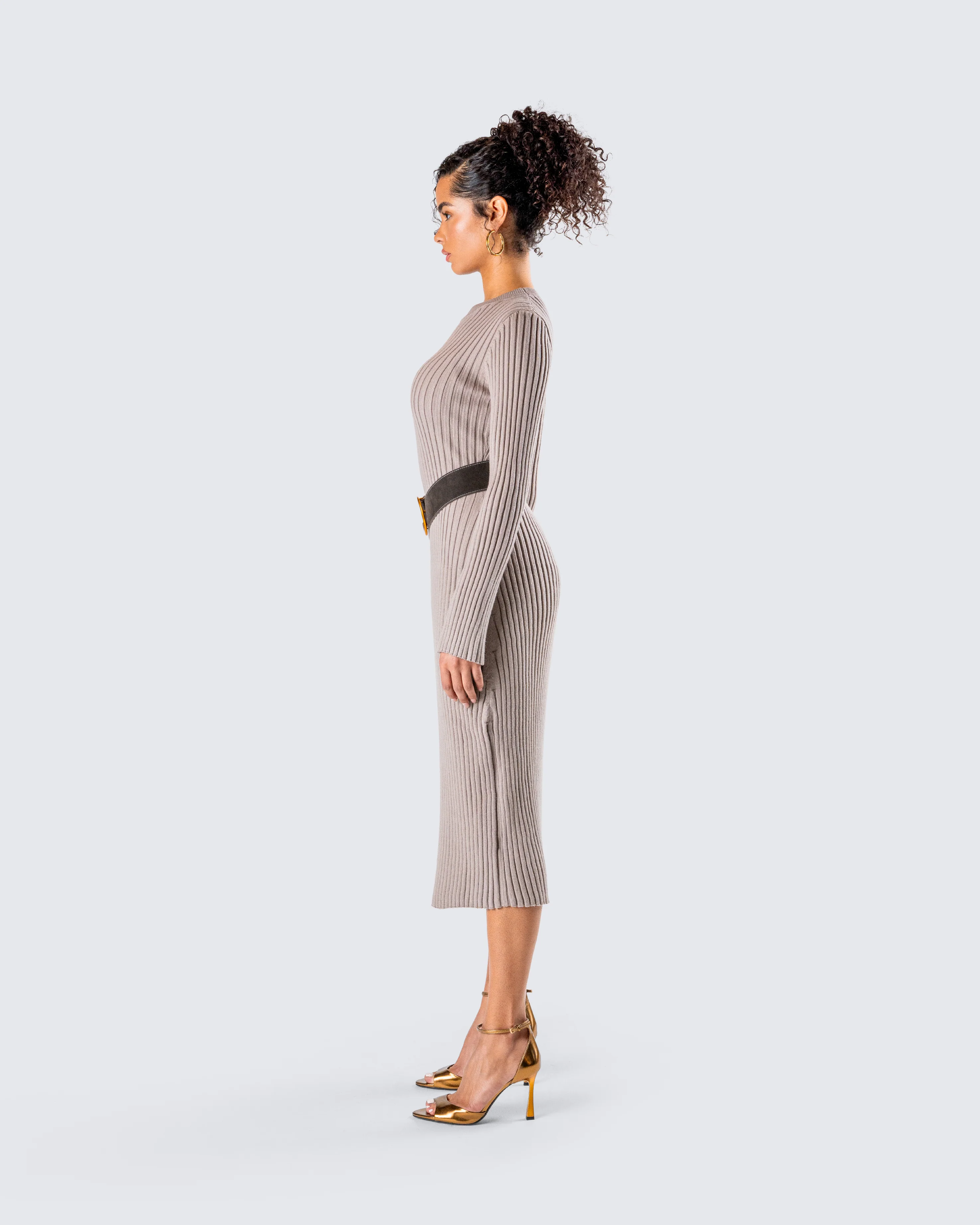 Rejina Taupe Wide Rib Midi Dress