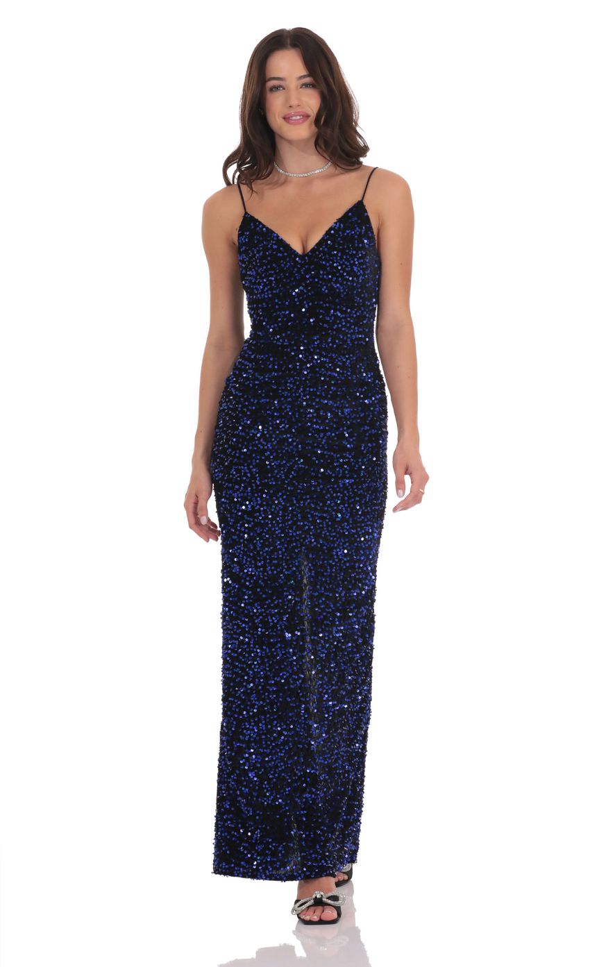 Velvet Blue Sequin Back Bow Maxi Dress in Black