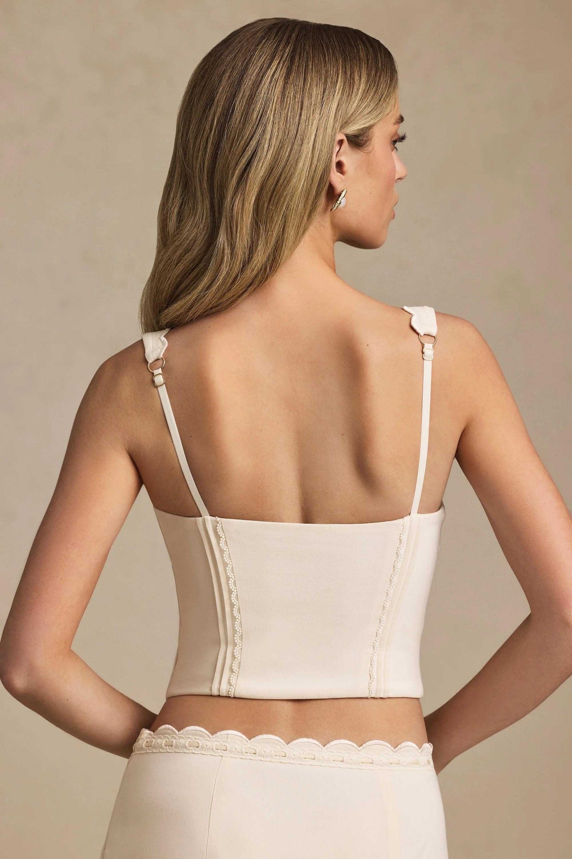 Plunge-Neck Scalloped Corset Top in Ivory