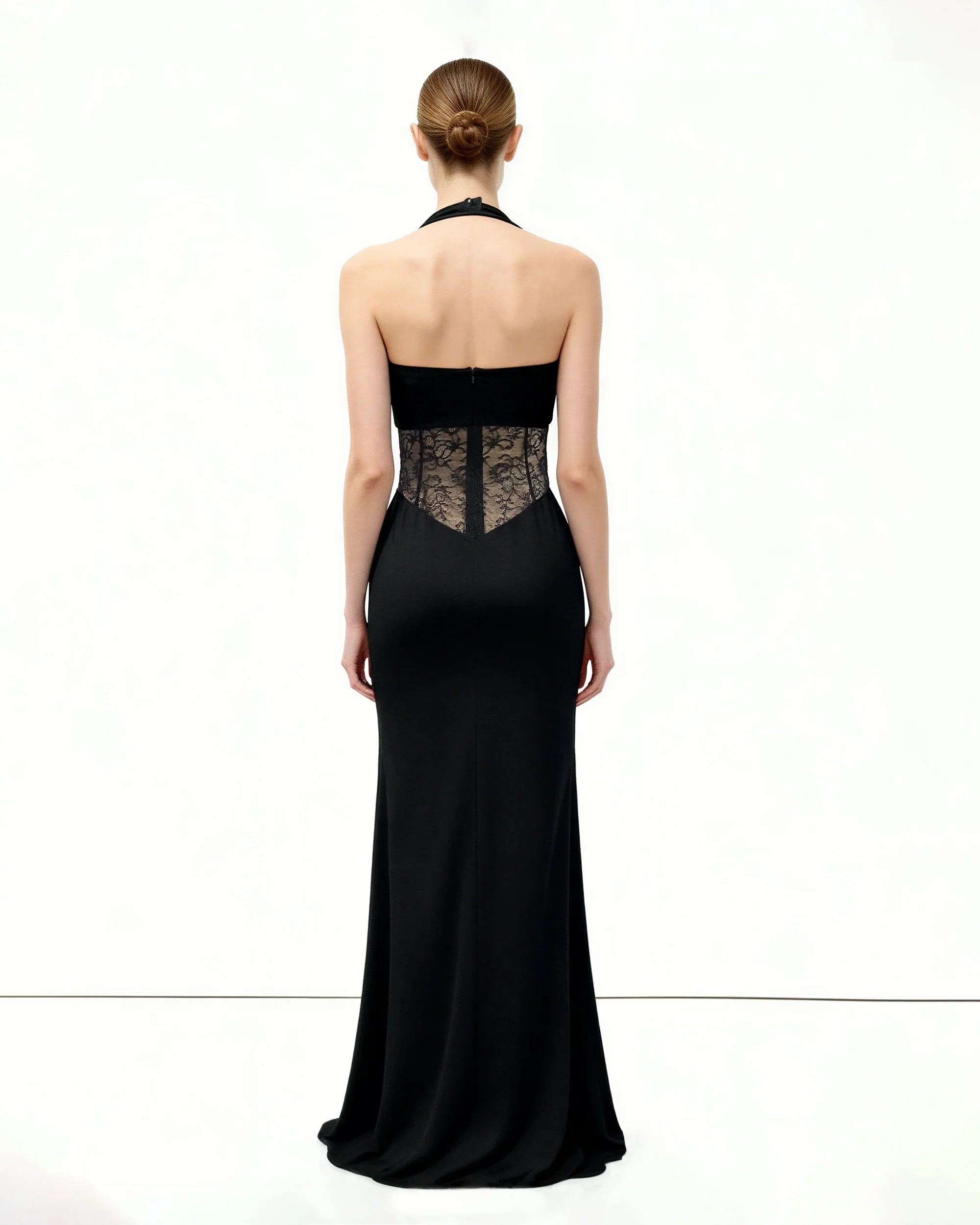 Ruched Lace Panel Maxi Dress - Black - FASHION NOB