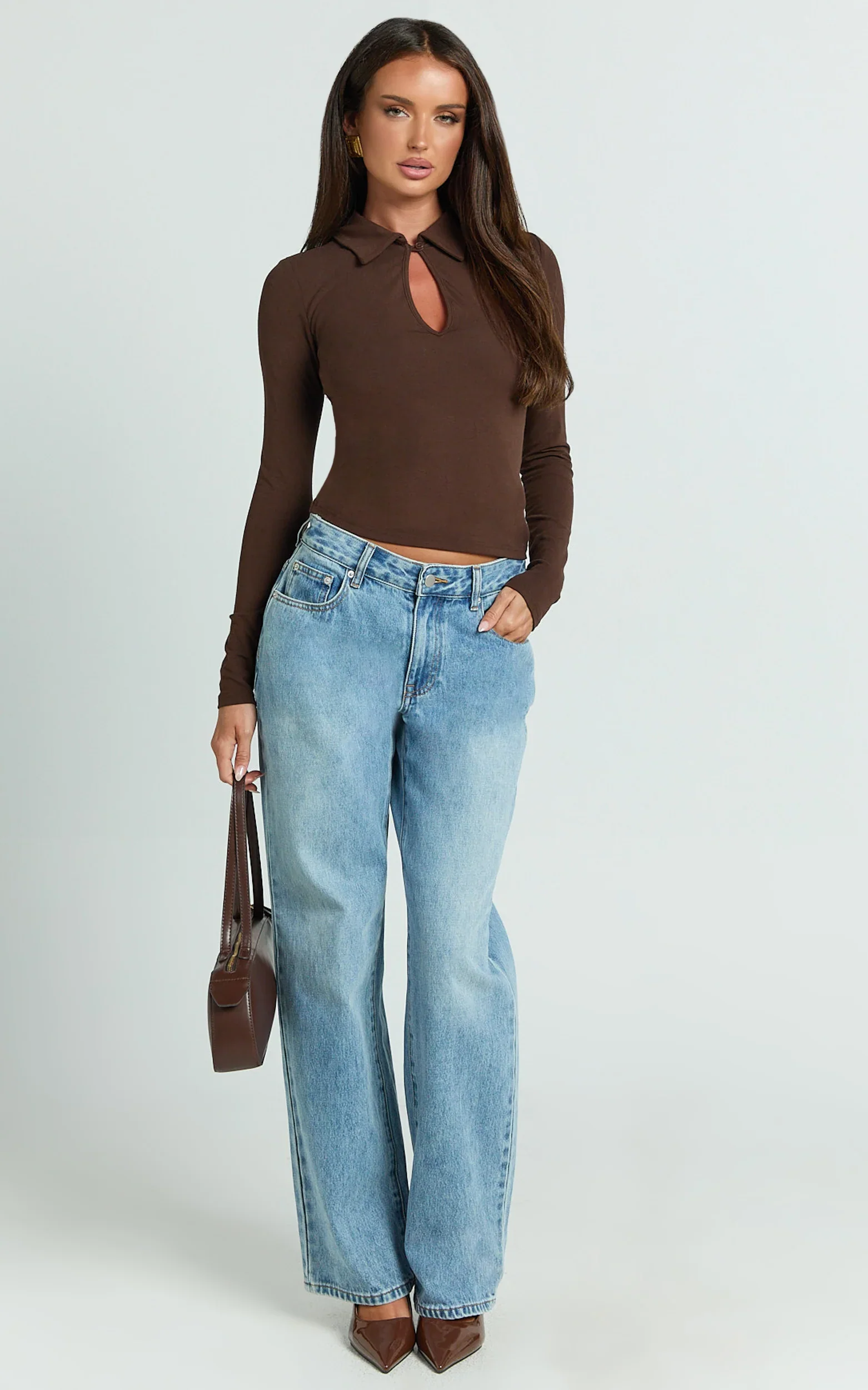 Tove Top - Long Sleeve Collared Polo Top in Dark Chocolate