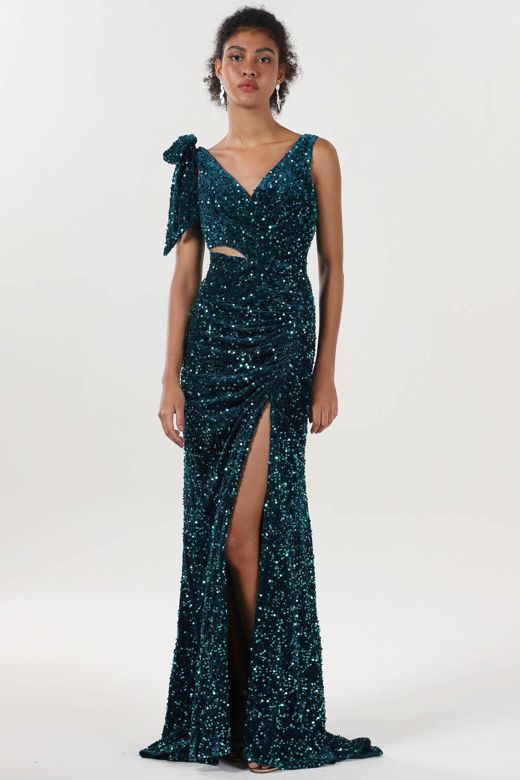 Sheath-Column Sweep-Brush Train Velvet Sequin Bridesmaid Dress CS0633BM