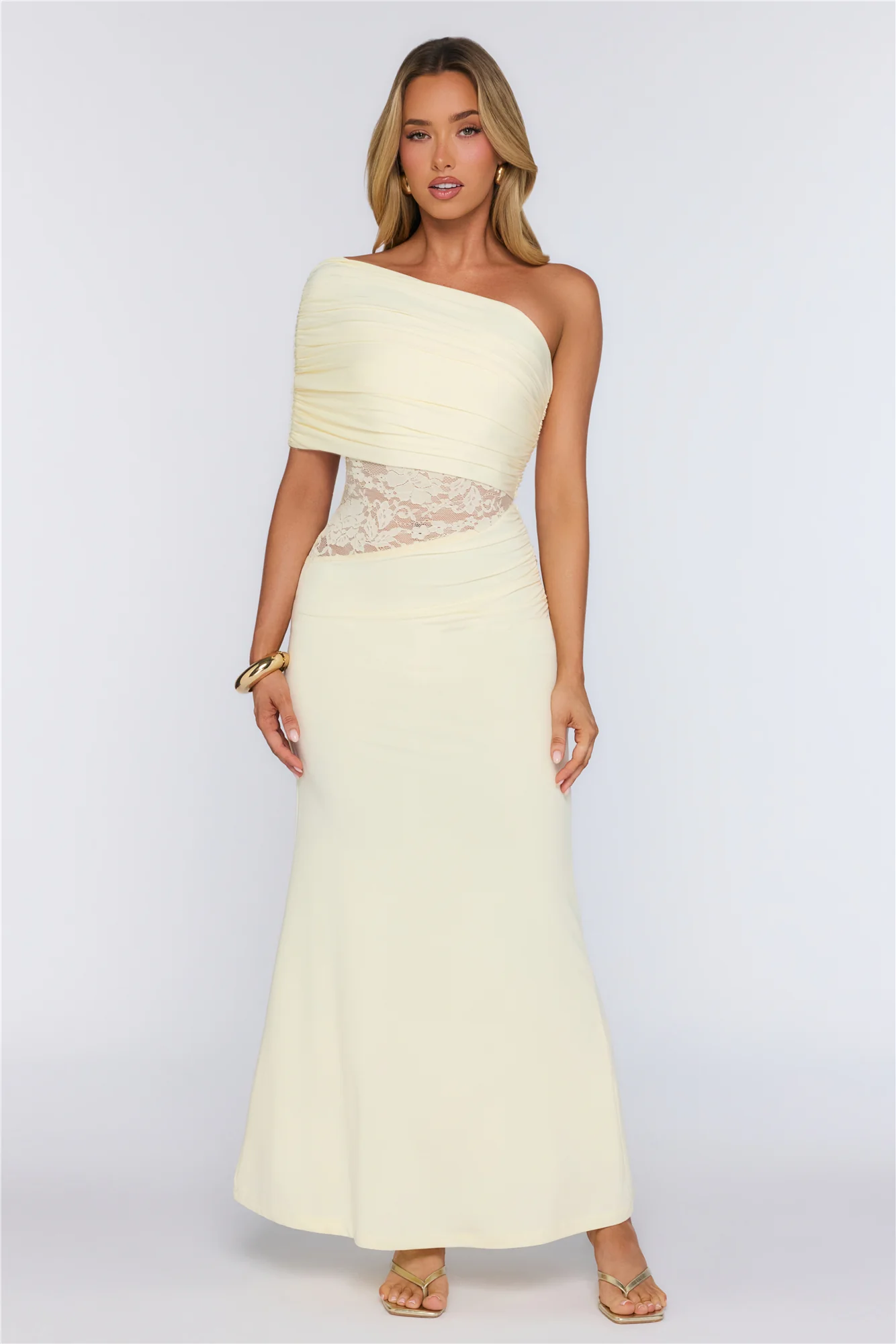 Soft Radiance Lace One Shoulder Maxi Dress Yellow