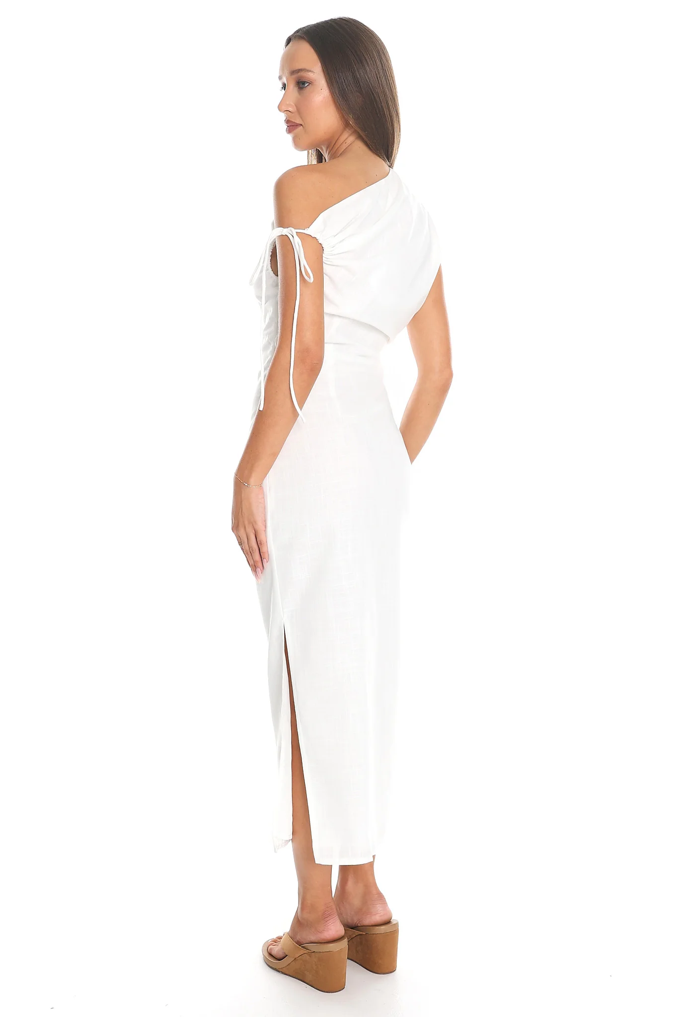 Marble Draped One-Shoulder Midi Dress White