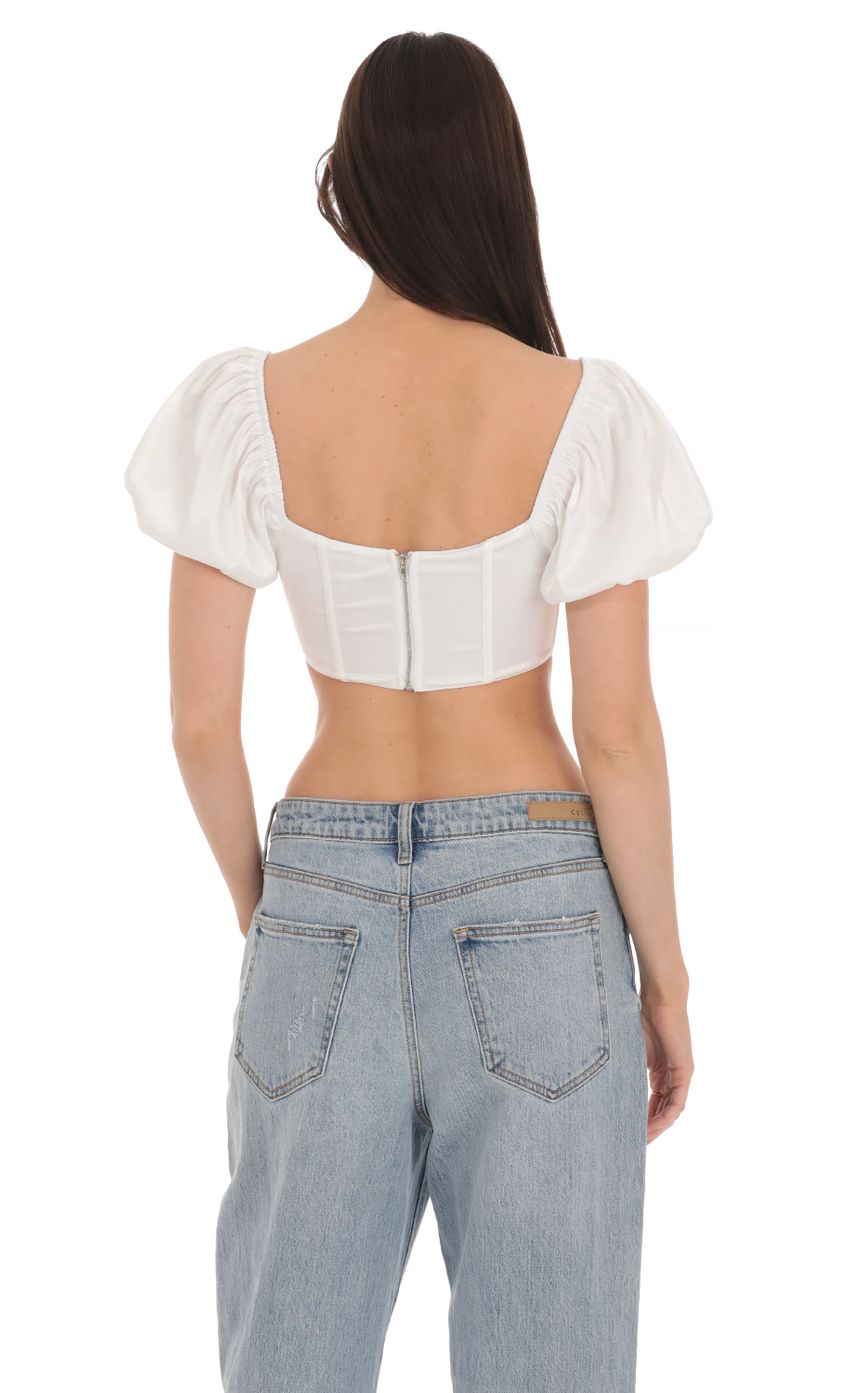 Satin Puff Sleeve Corset Top in White