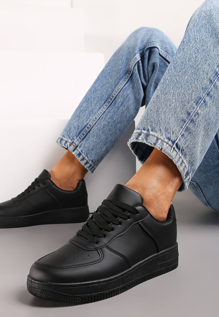 Czarne Sneakersy ze Ekoskóry ze Sznurowaniem i Przeszyciami Borsana