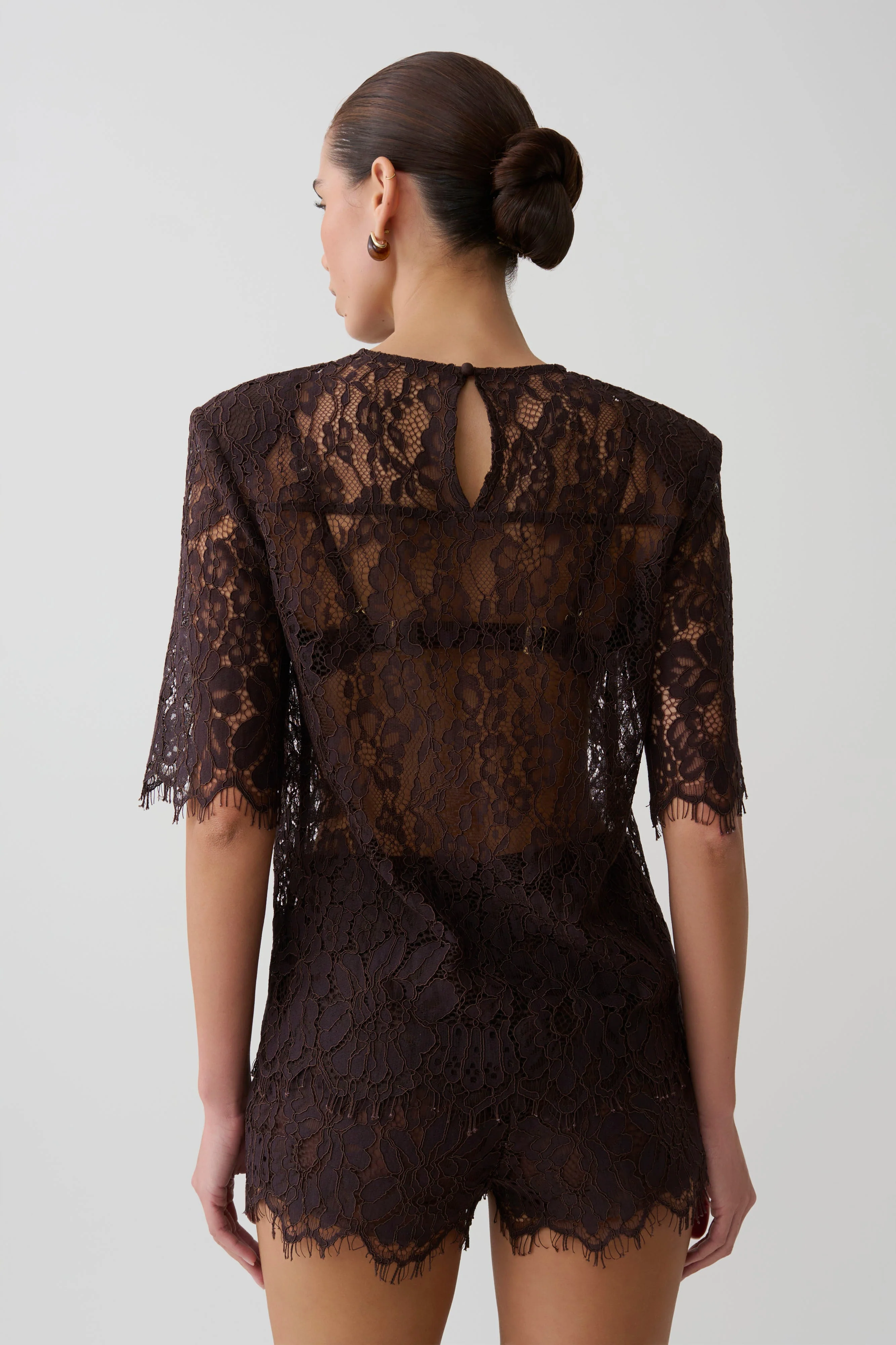 Harlyn Shoulder Pad Short Sleeve Lace Top - Dark Chocolate