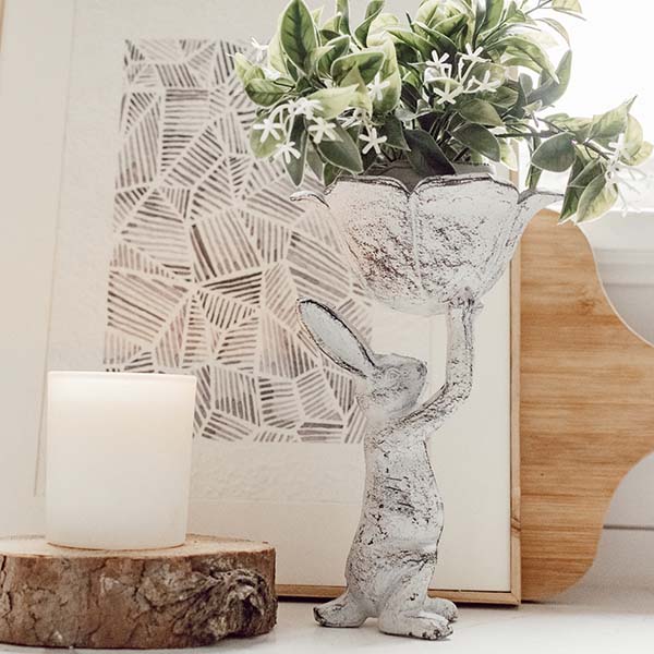 Distressed Antique White Cast Iron Rabbit Bird Feeder