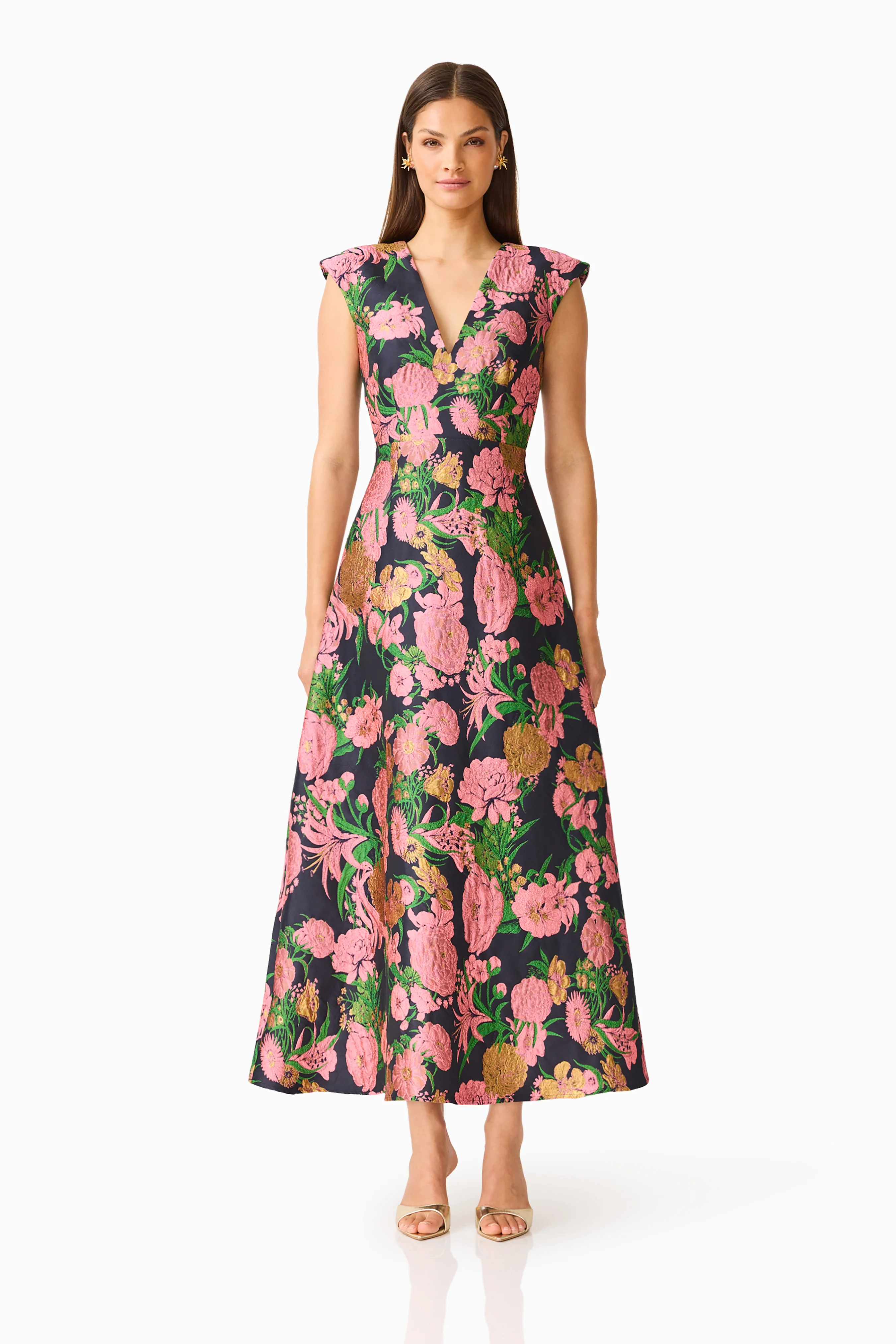 Eclore V-Neck Maxi Dress in Pink & Black Floral