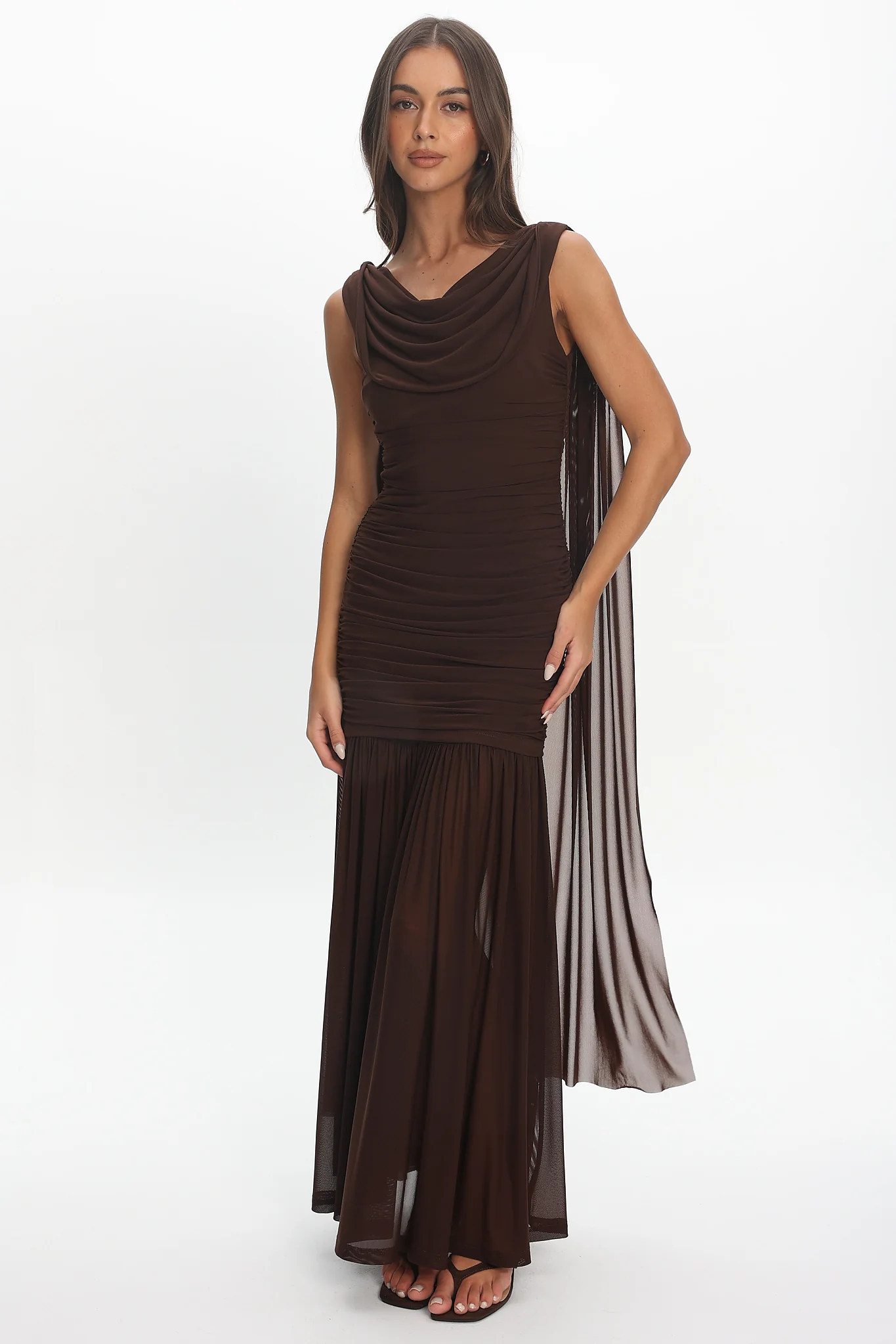 Rosellea Draped Shoulder Maxi Dress Chocolate