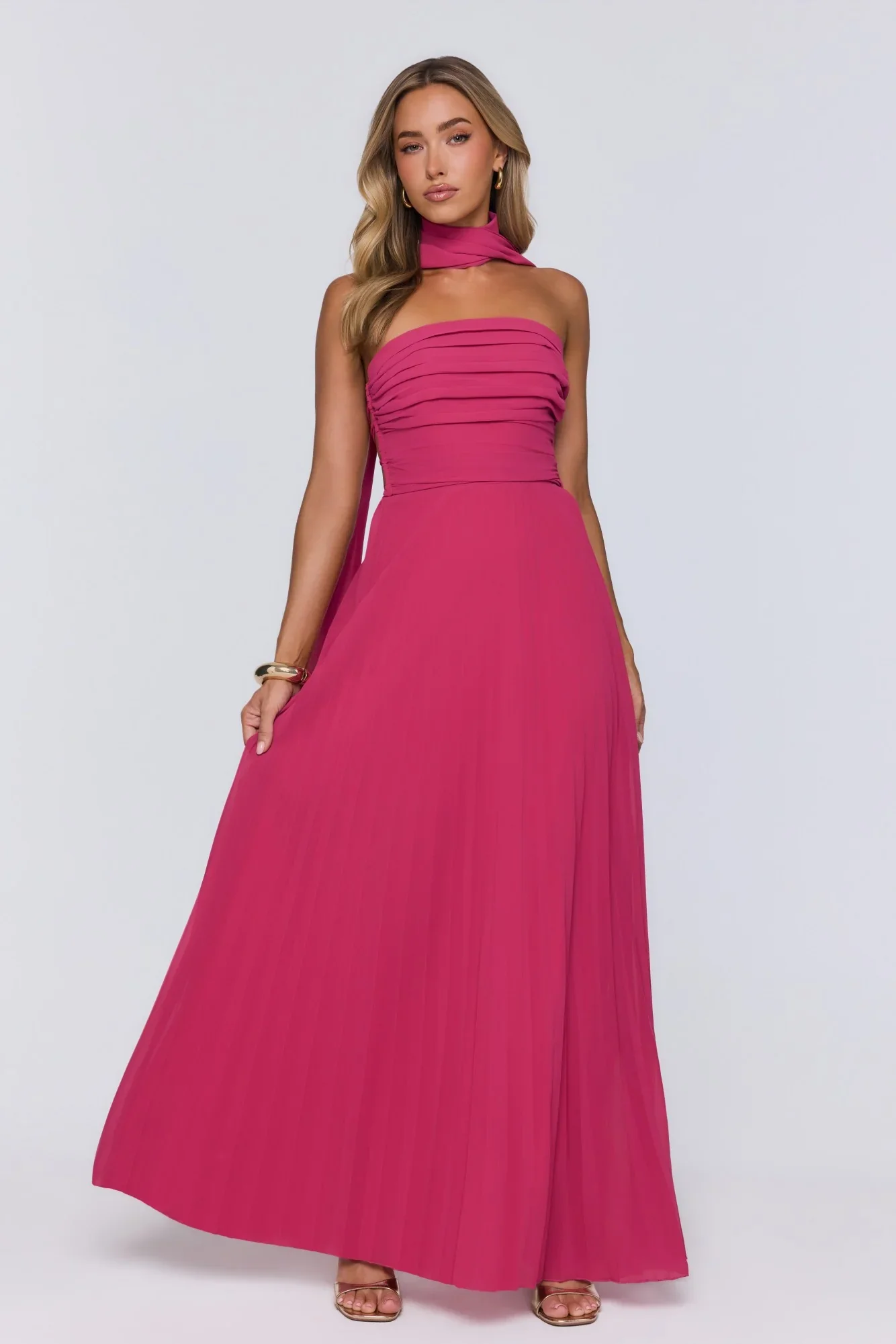 Sugar Babe Strapless Pleated Maxi Dress Magenta