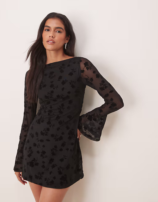 flocked floral mini dress with flute sleeve in black