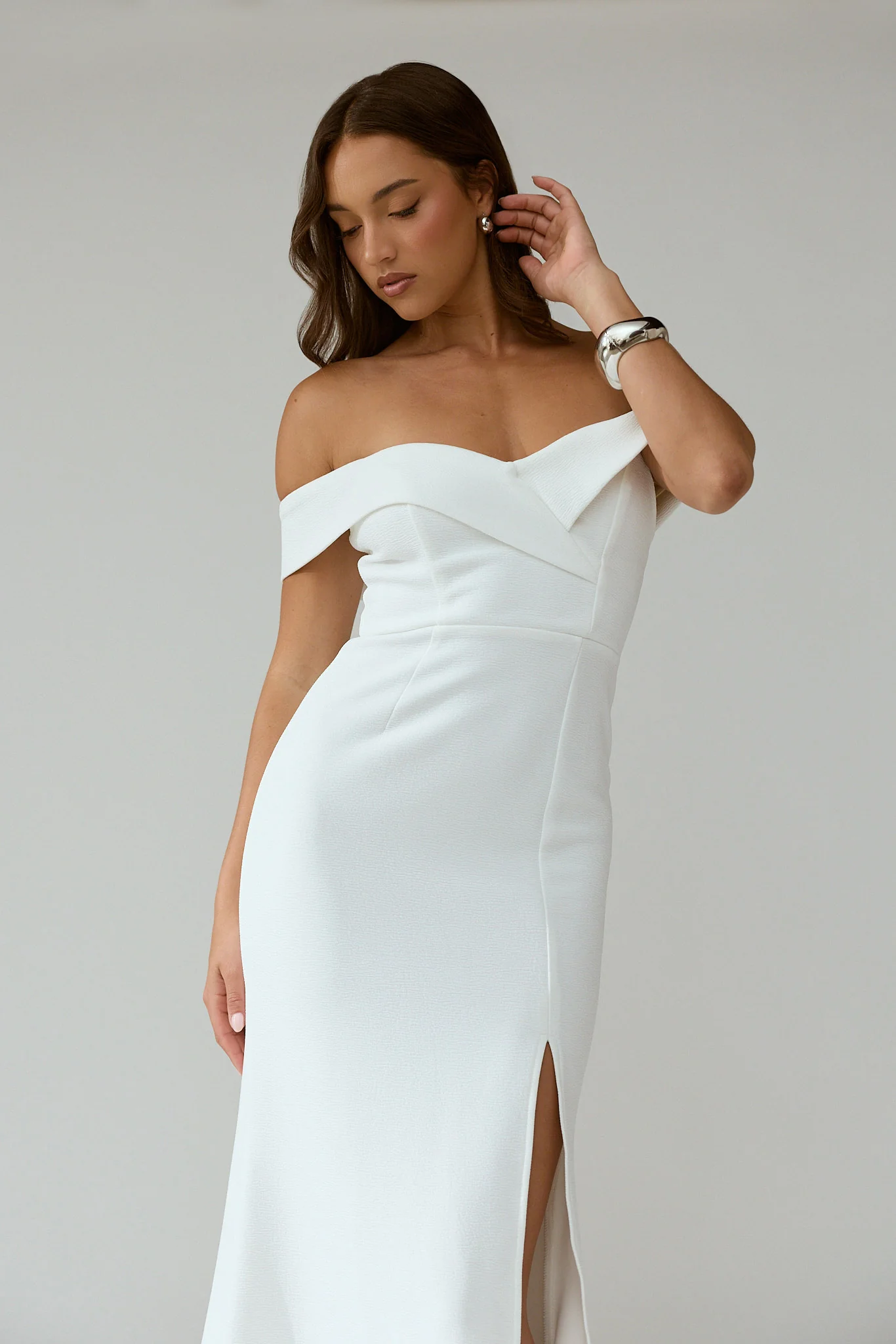 Rider Off-Shoulder Front Split Maxi Dress White - luluinthesky