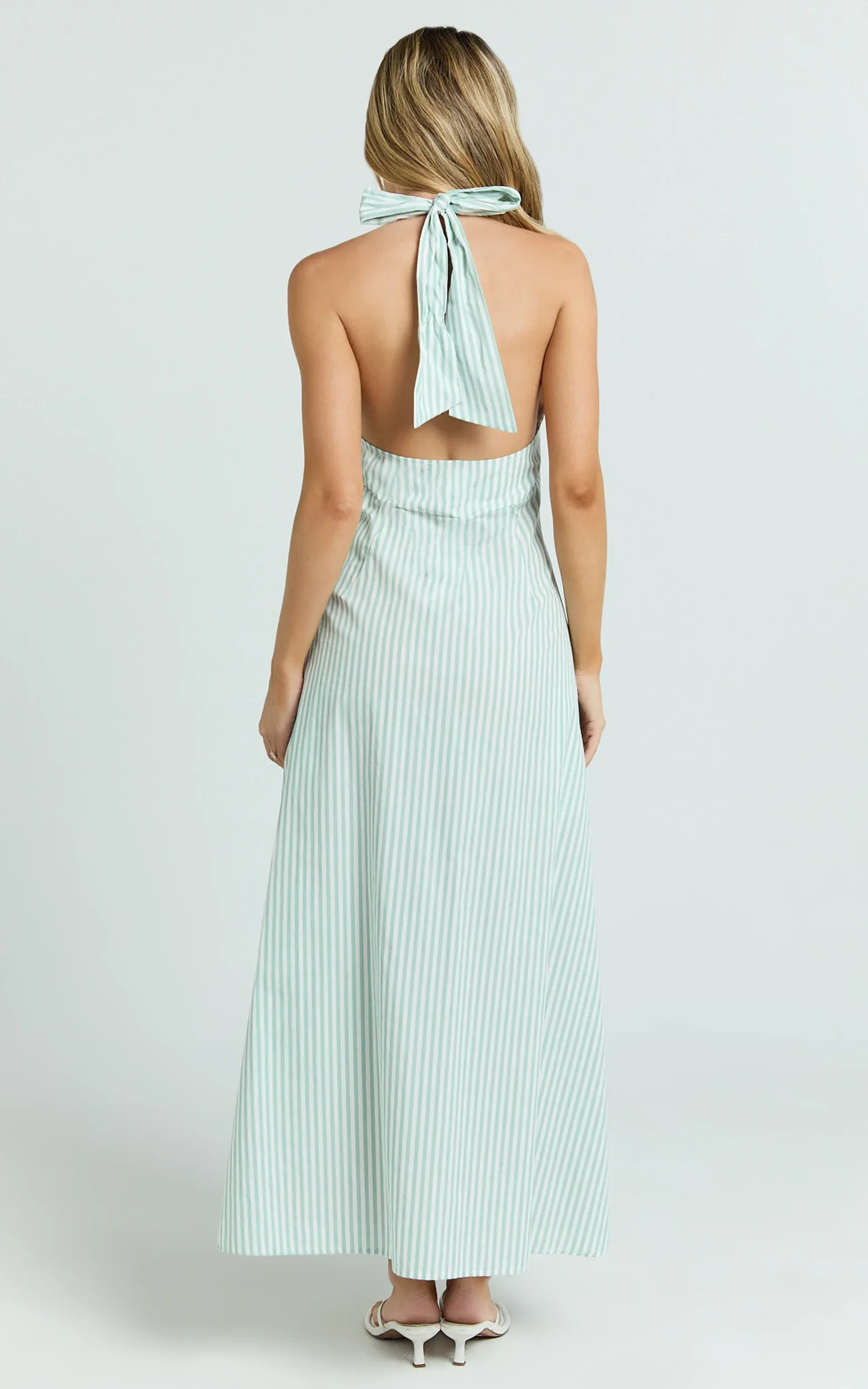 Jeienn Midi Dress - Ruched Shoulder Bodice A Line Placket Front Skirt Dress in Mint Stripe