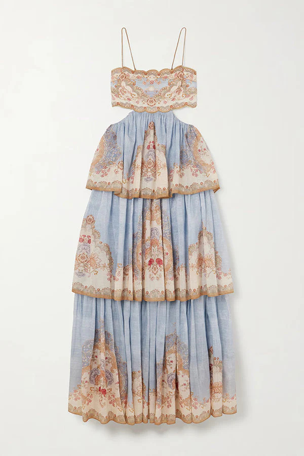 Daylight Unique Print Cutout Waist Back Lace-up Tiered Hem Maxi Dress - luluinthesky