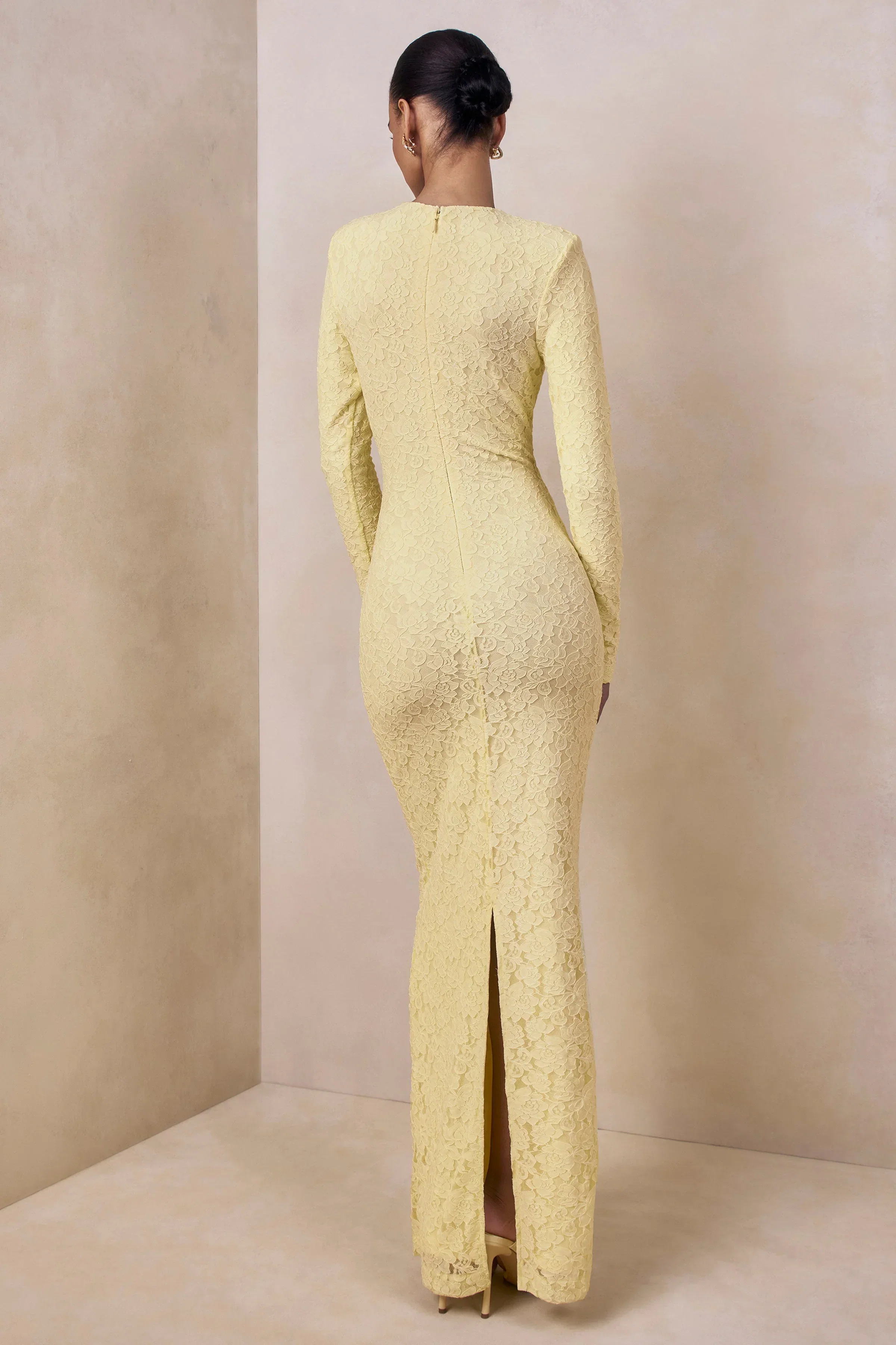 Evangela | Lemon Lace Crew-Neck Maxi Dress With Wrap-Detail