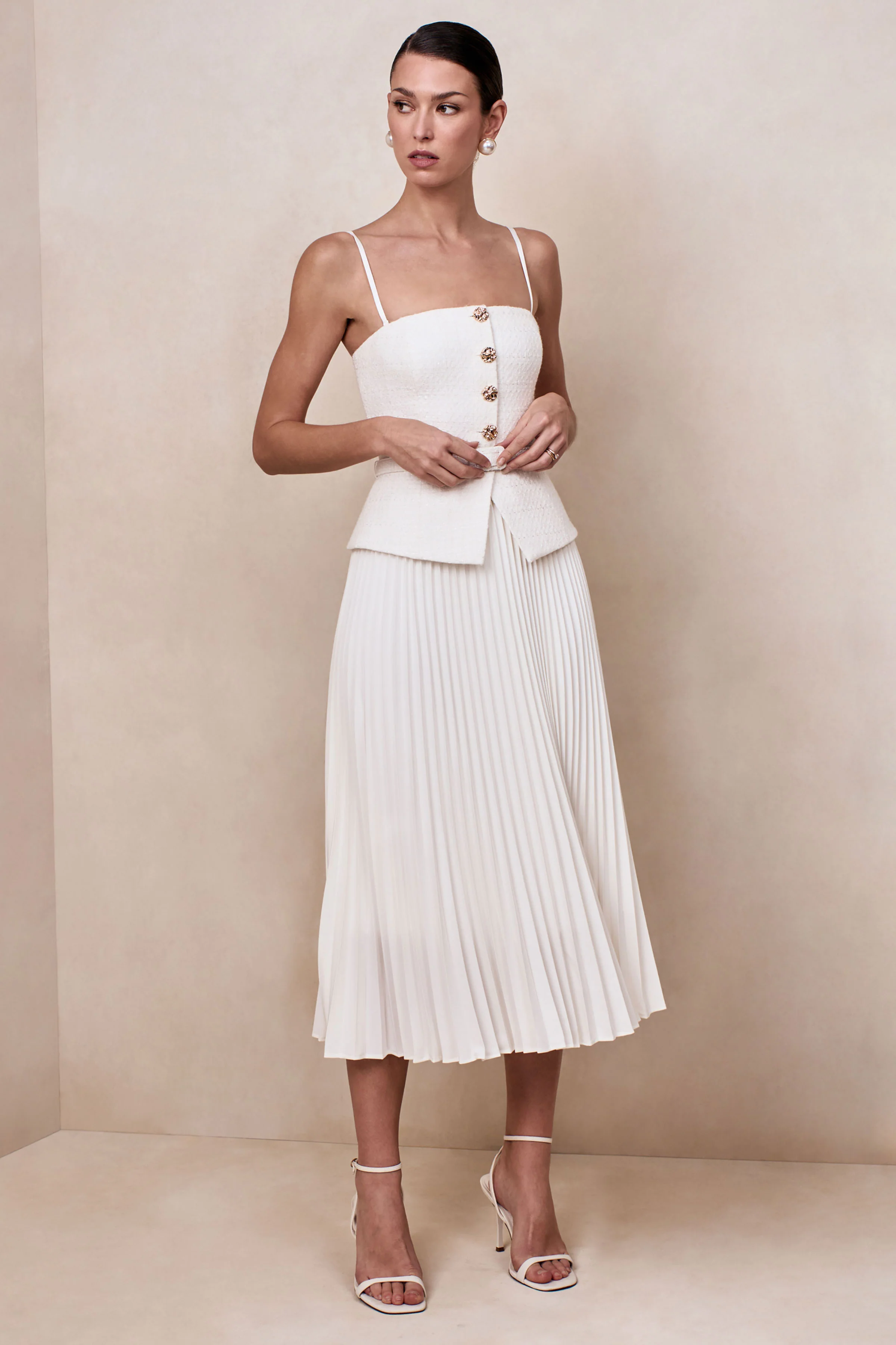 Lizzy | Cream Square-Neck Midi Dress With Pleated-Skirt