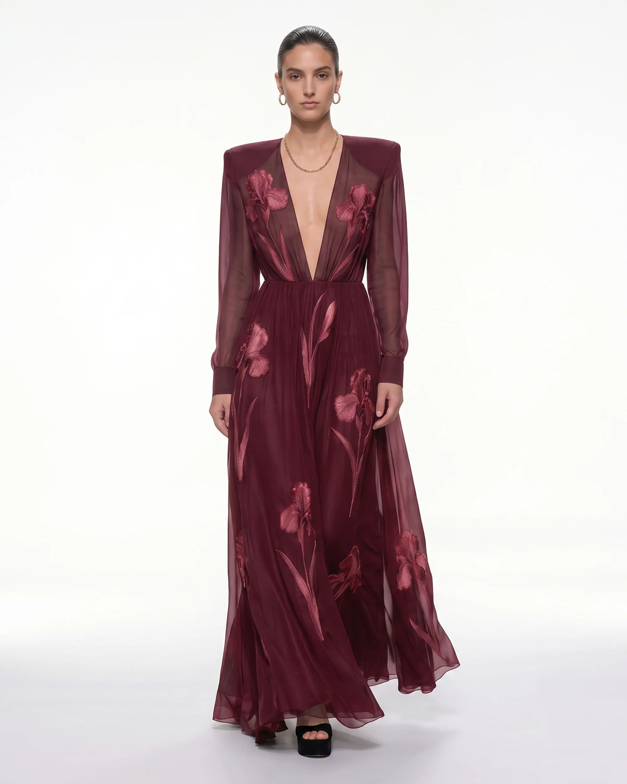 Iris Floral Print Long-Sleeve Sheer Gown - Burgundy