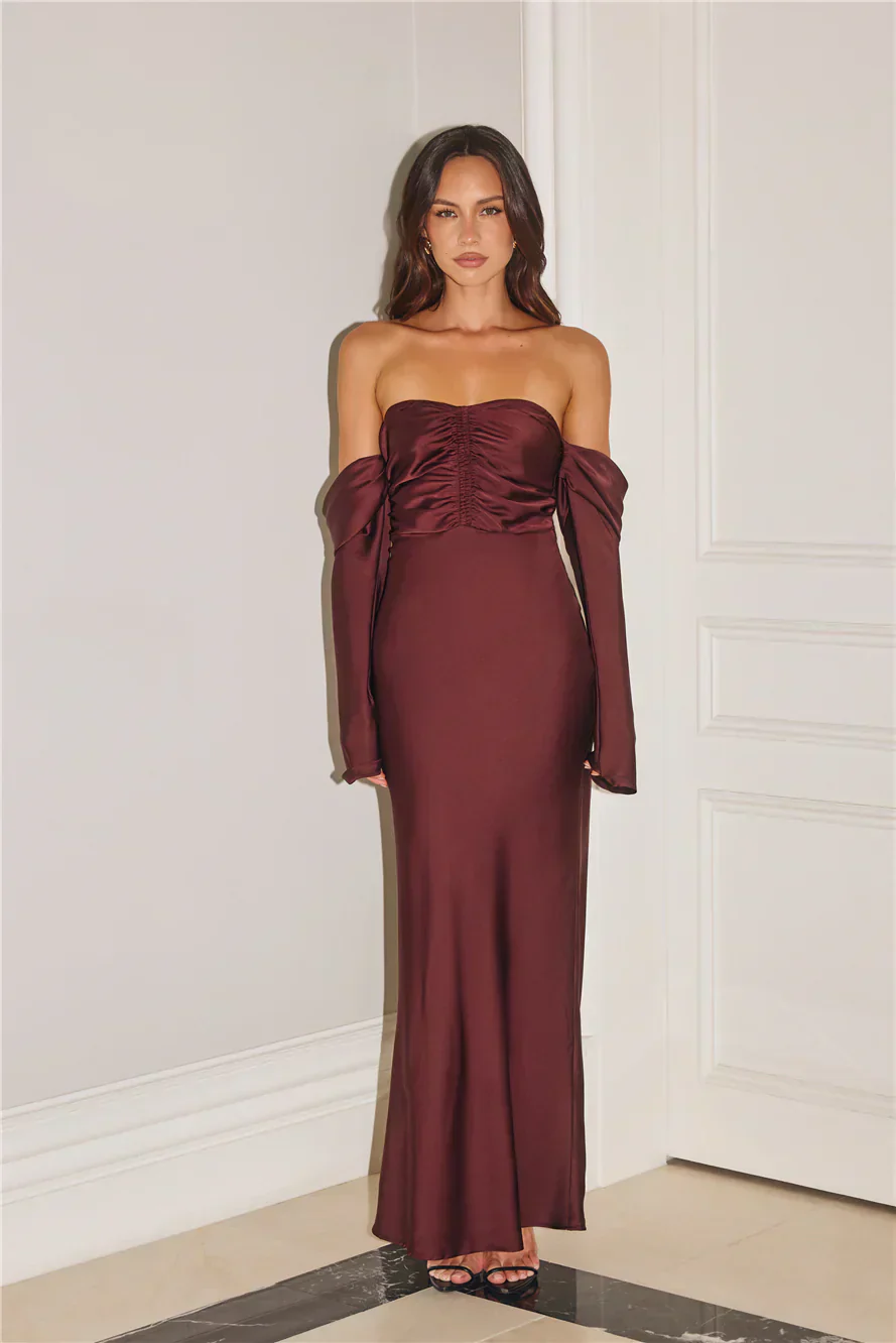 Elegant Chic Off Shoulder Long Sleeve Satin Maxi Dress