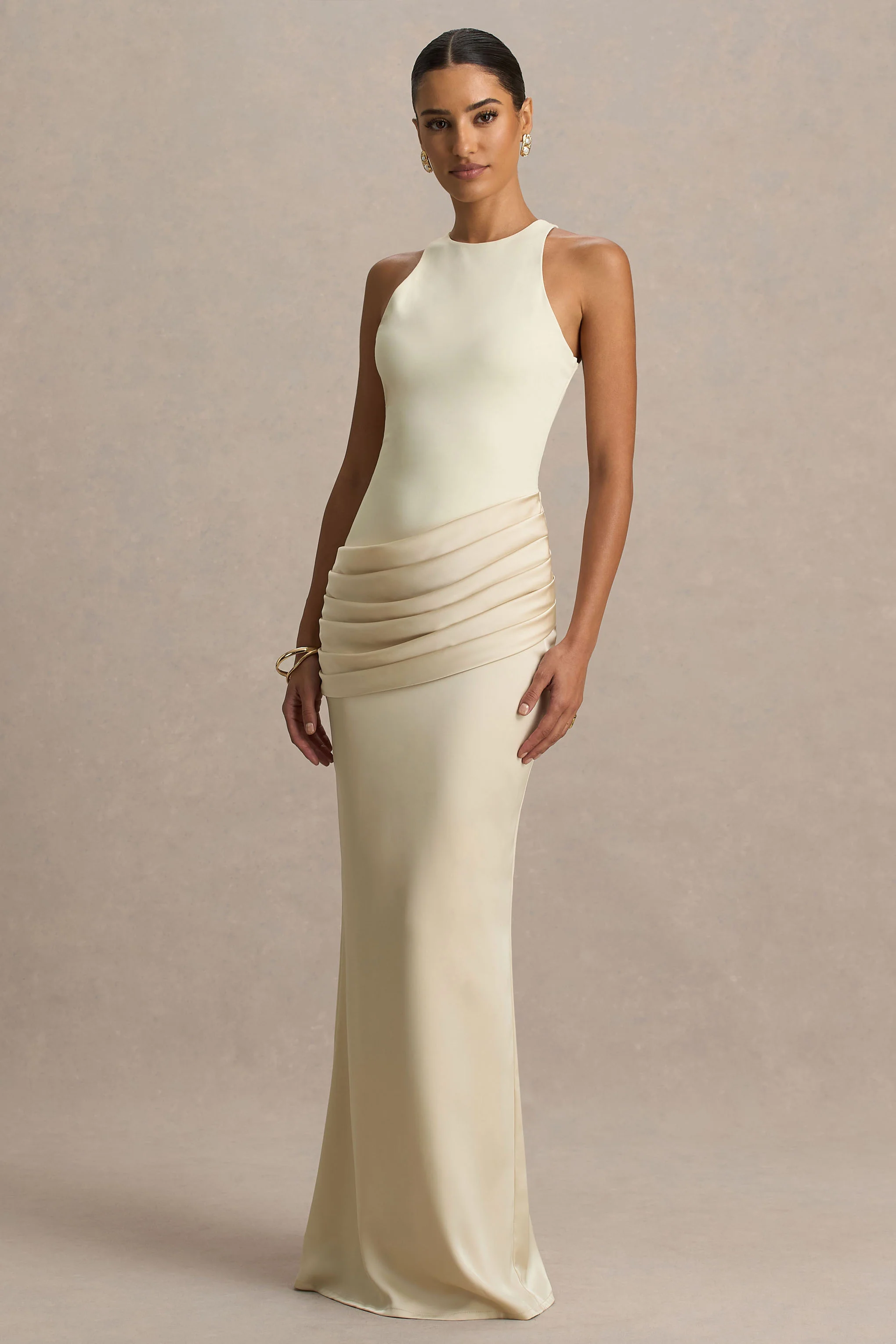 Akari | Cream Crew-Neck Maxi Dress With Satin Skirt