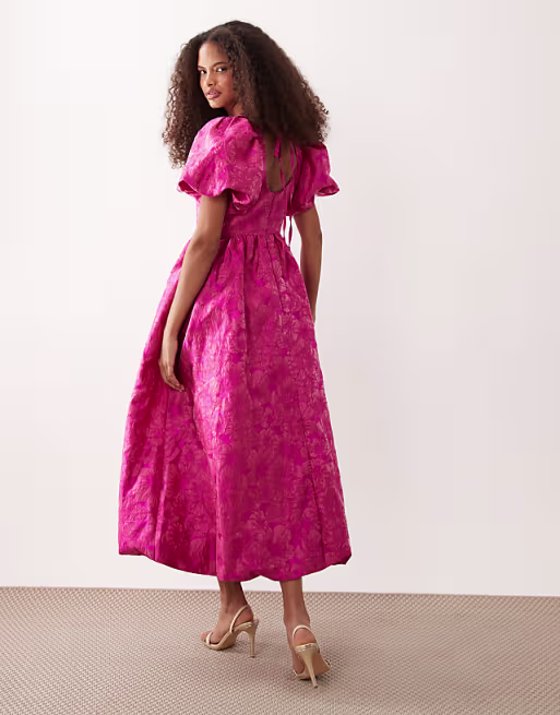 Sister Jane Pomegranate jacquard scoop neck puff sleeve maxi in bright pink