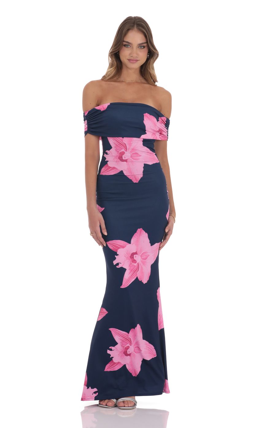 Off Shoulder Pink Floral Maxi Dress in Navy