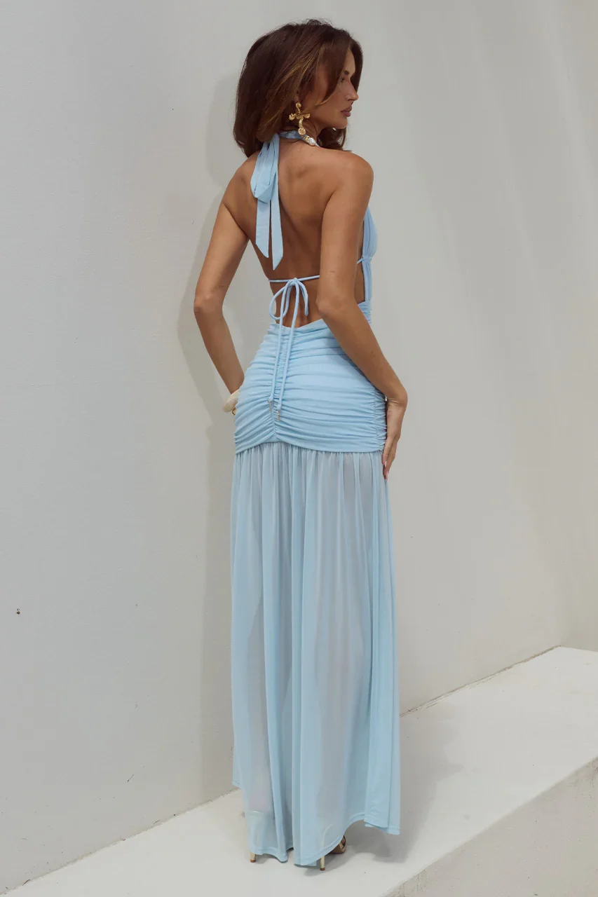 ADRIANNA PLUNGE RUCHED MAXI DRESS - AQUA