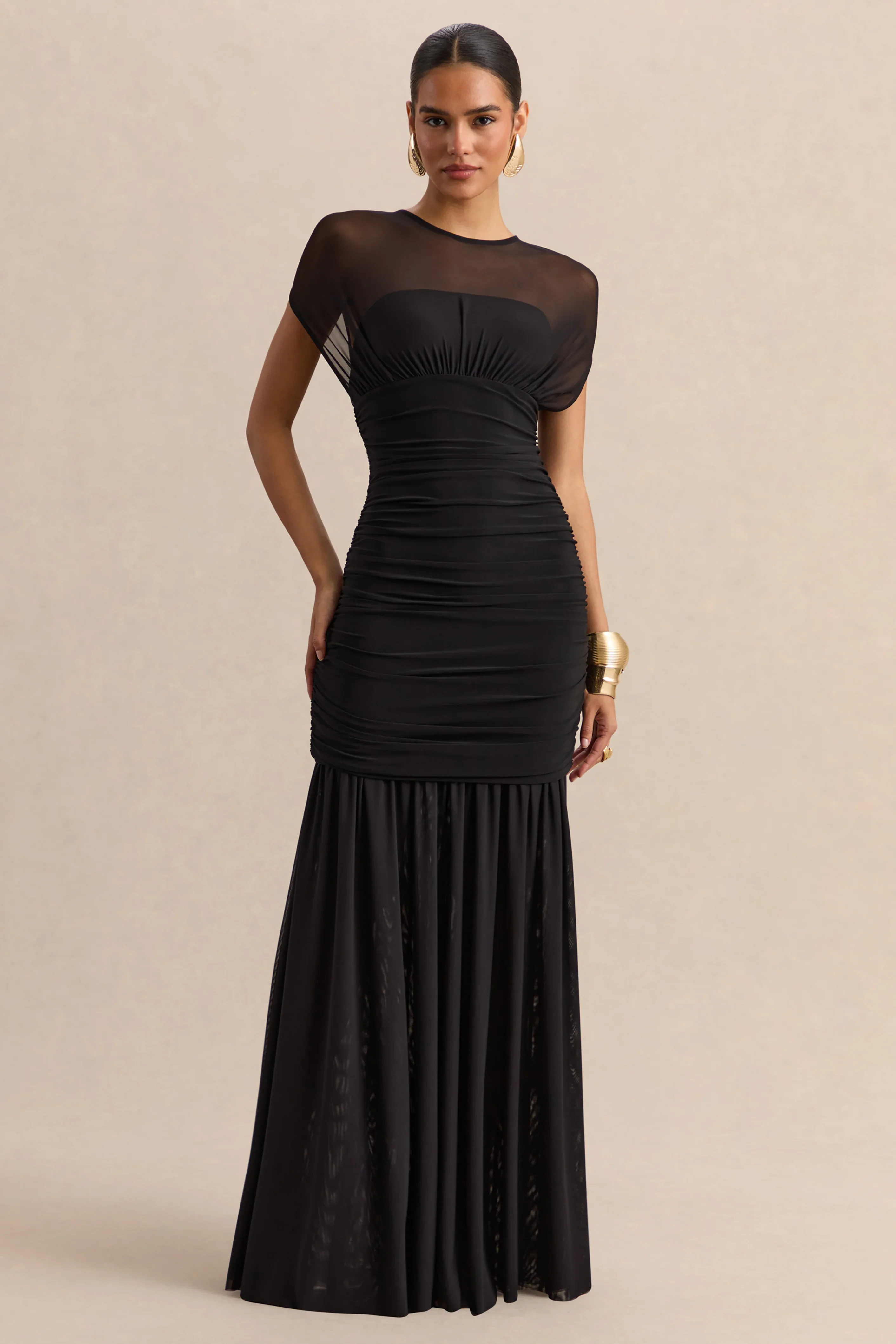 Kalene | Black Wide-Neck Maxi Dress With Sheer-Detailing