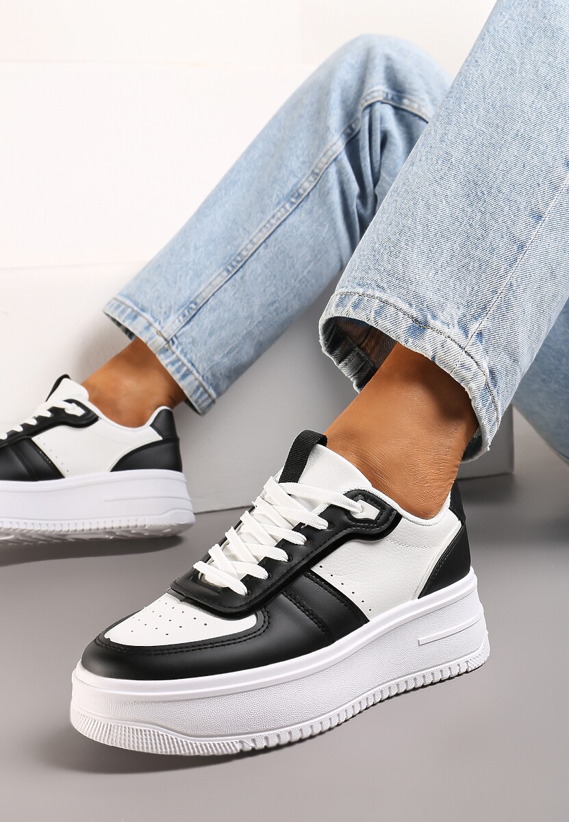 Biało-Czarne Sznurowane Sneakersy na Grubej Podeszwie Salsabil