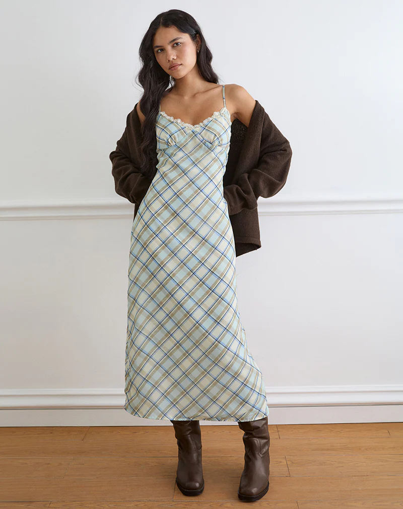 Naska Maxi Dress in Chiffon Vintage Blue Check