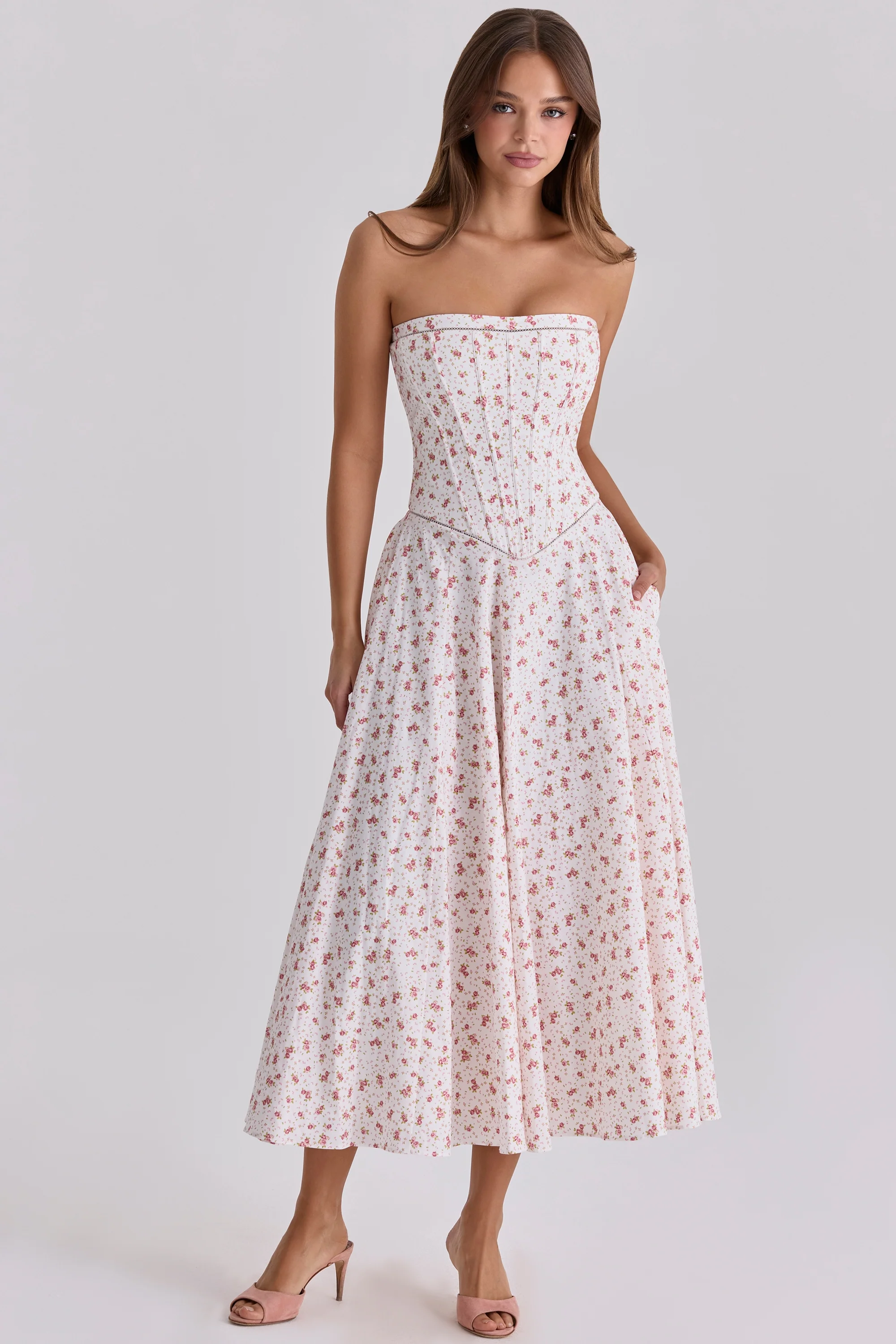 White Rose Print Strapless Cotton Maxi Dress