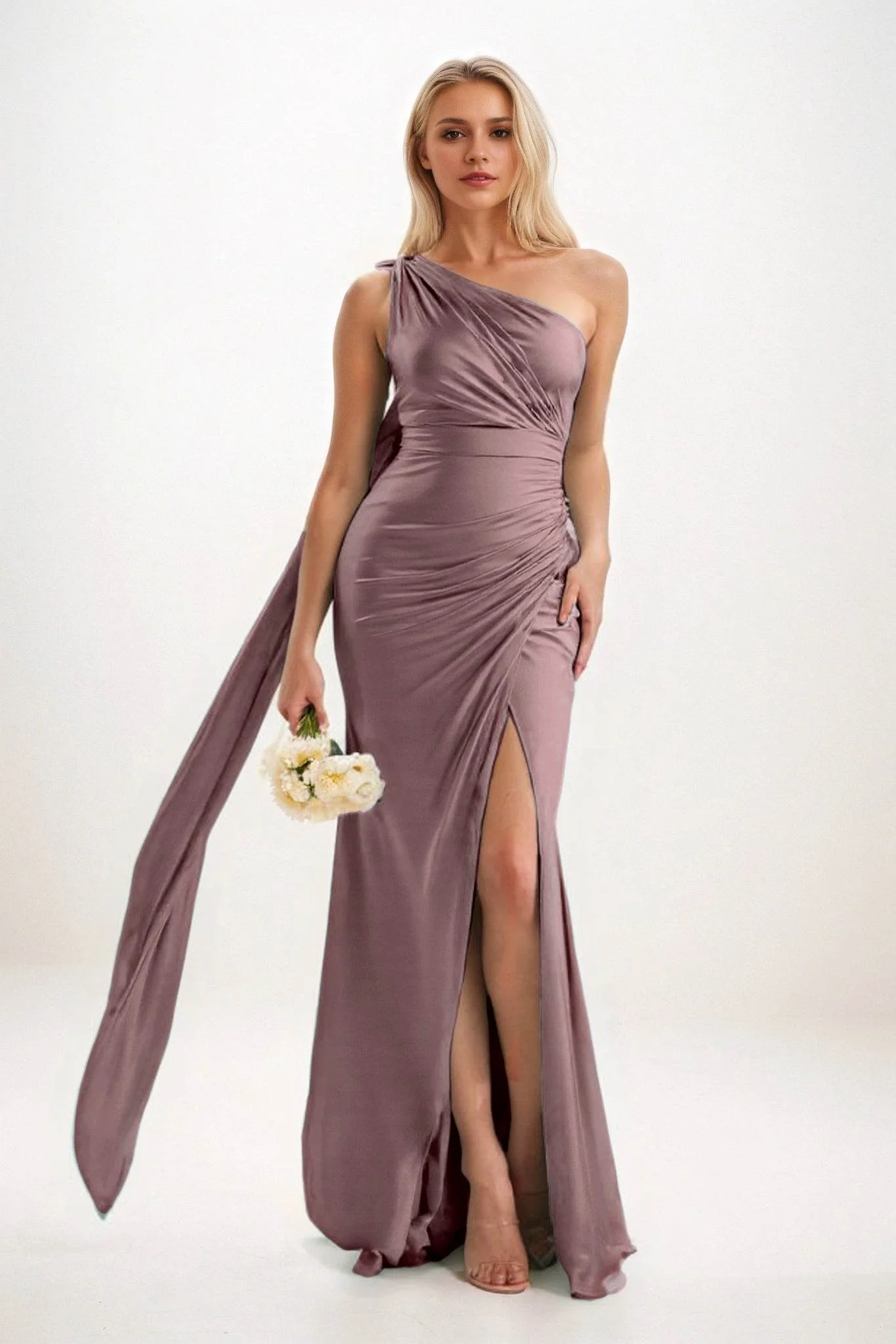 Sheath-Column Sweep-Brush Train Luxe Satin Bridesmaid Dress CB0833