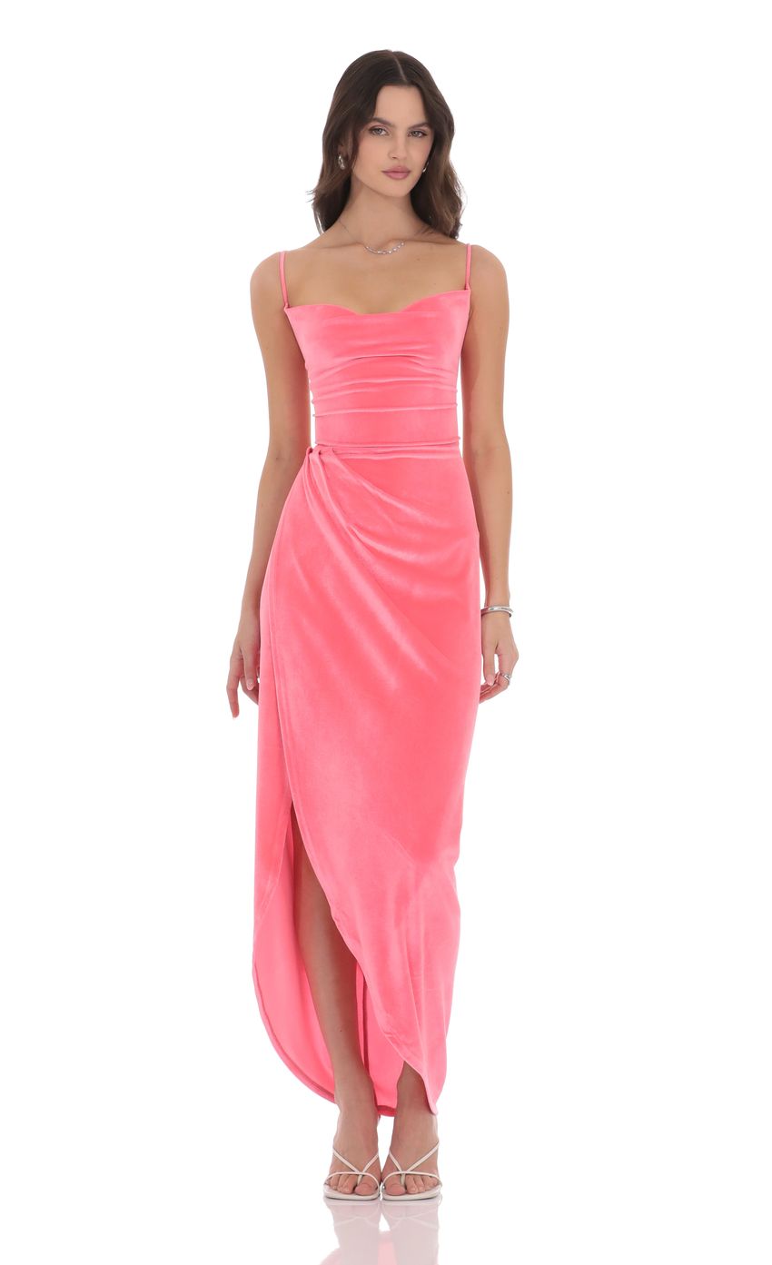 Velvet Asymmetrical Maxi Dress in Hot Pink