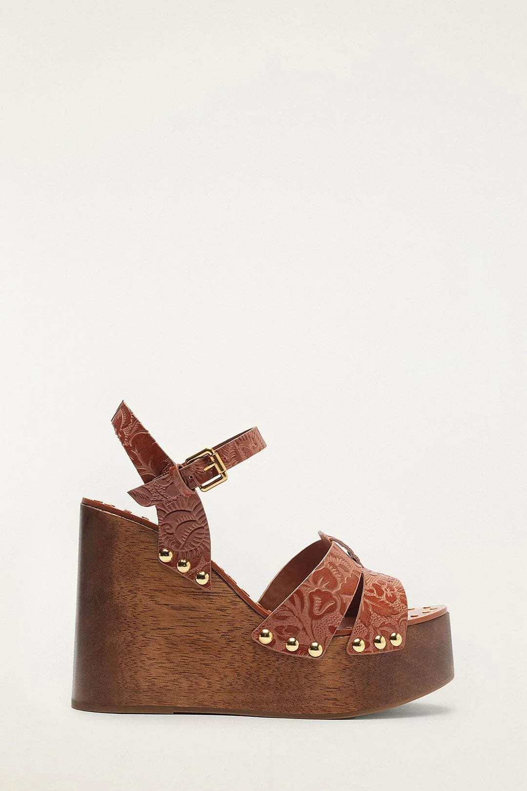 Brown Embossed Wedge Sandal