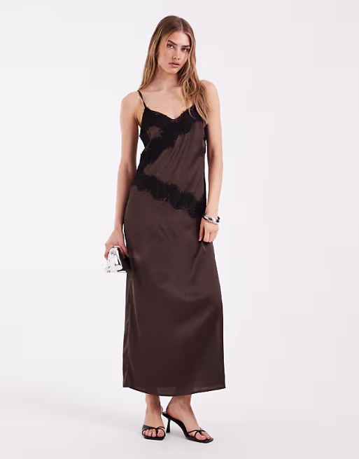 PIECES satin cami maxi dress with lace trim in chocolate brown