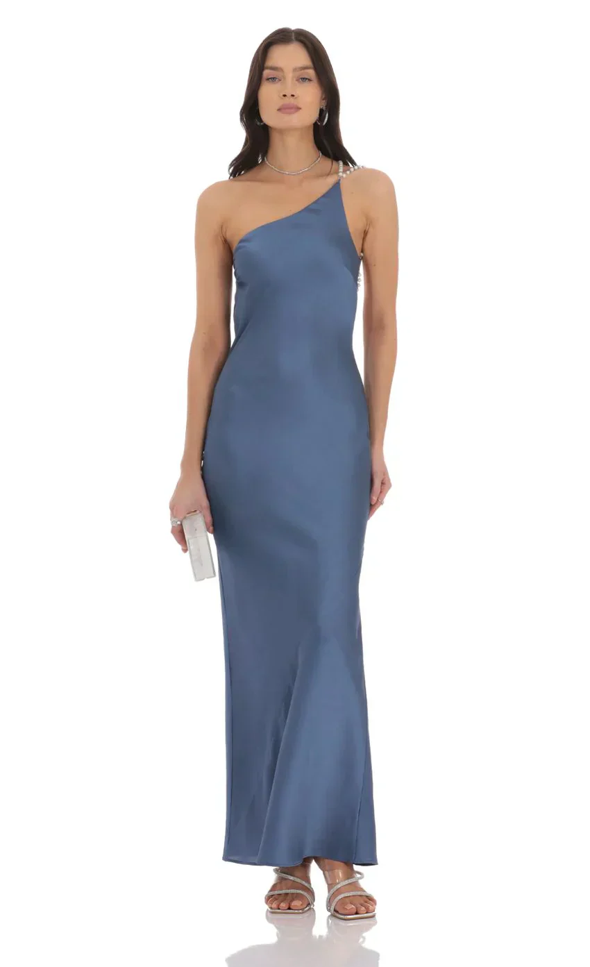 One Shoulder Pearl Satin Maxi Dress in Slate Blue
