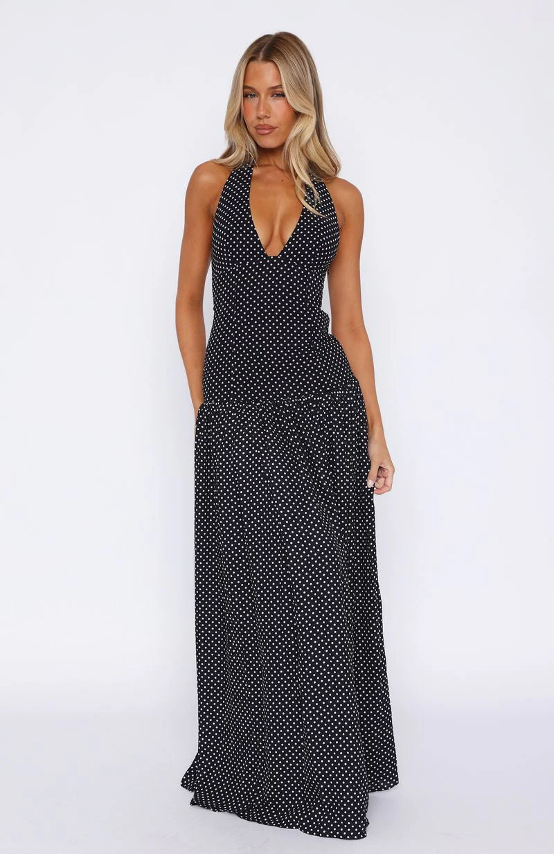 Sweet Temptation Halter Maxi Dress Black/ White Polka Dot
