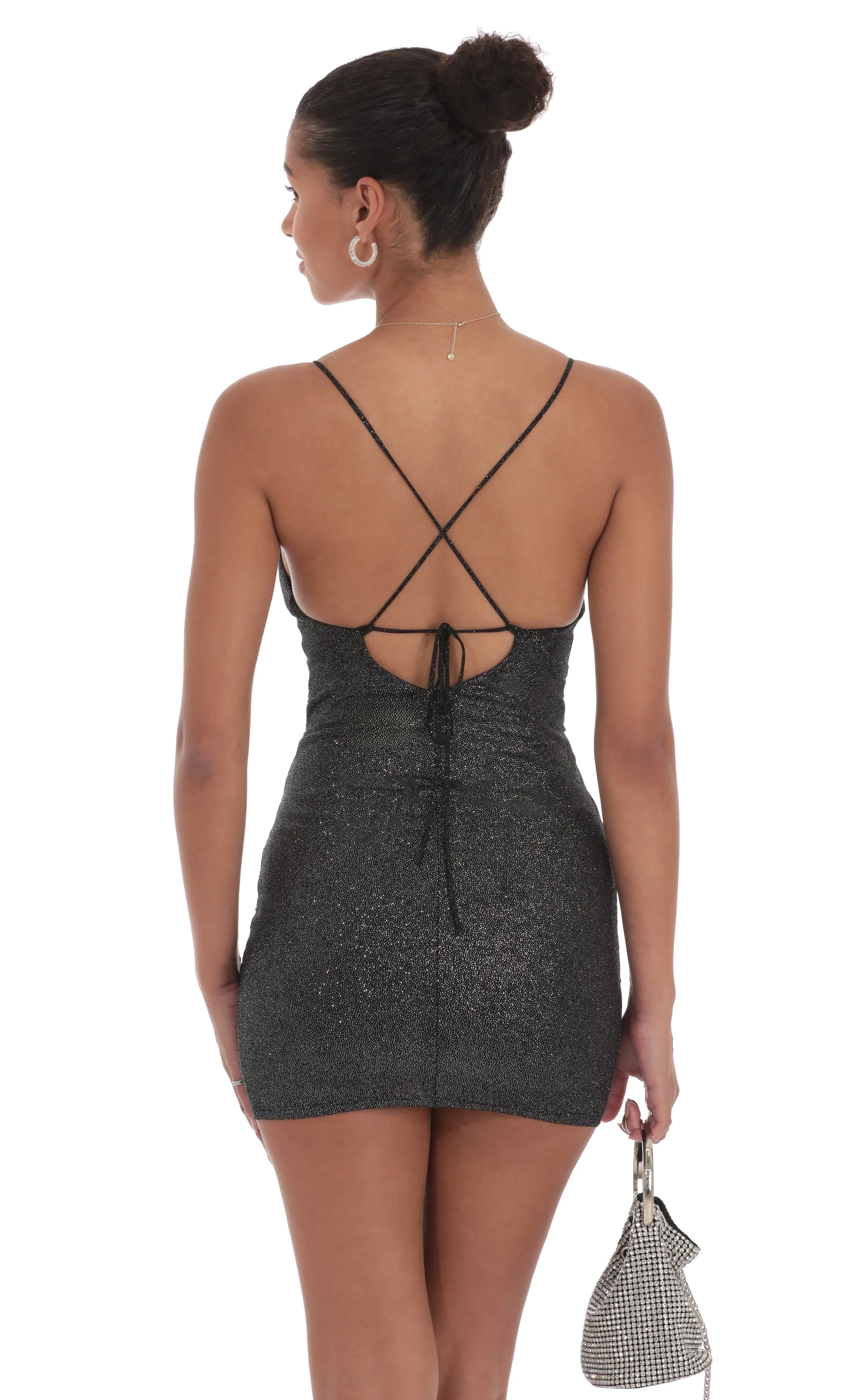 Shimmer Ruched Cross-Back Dress in Black